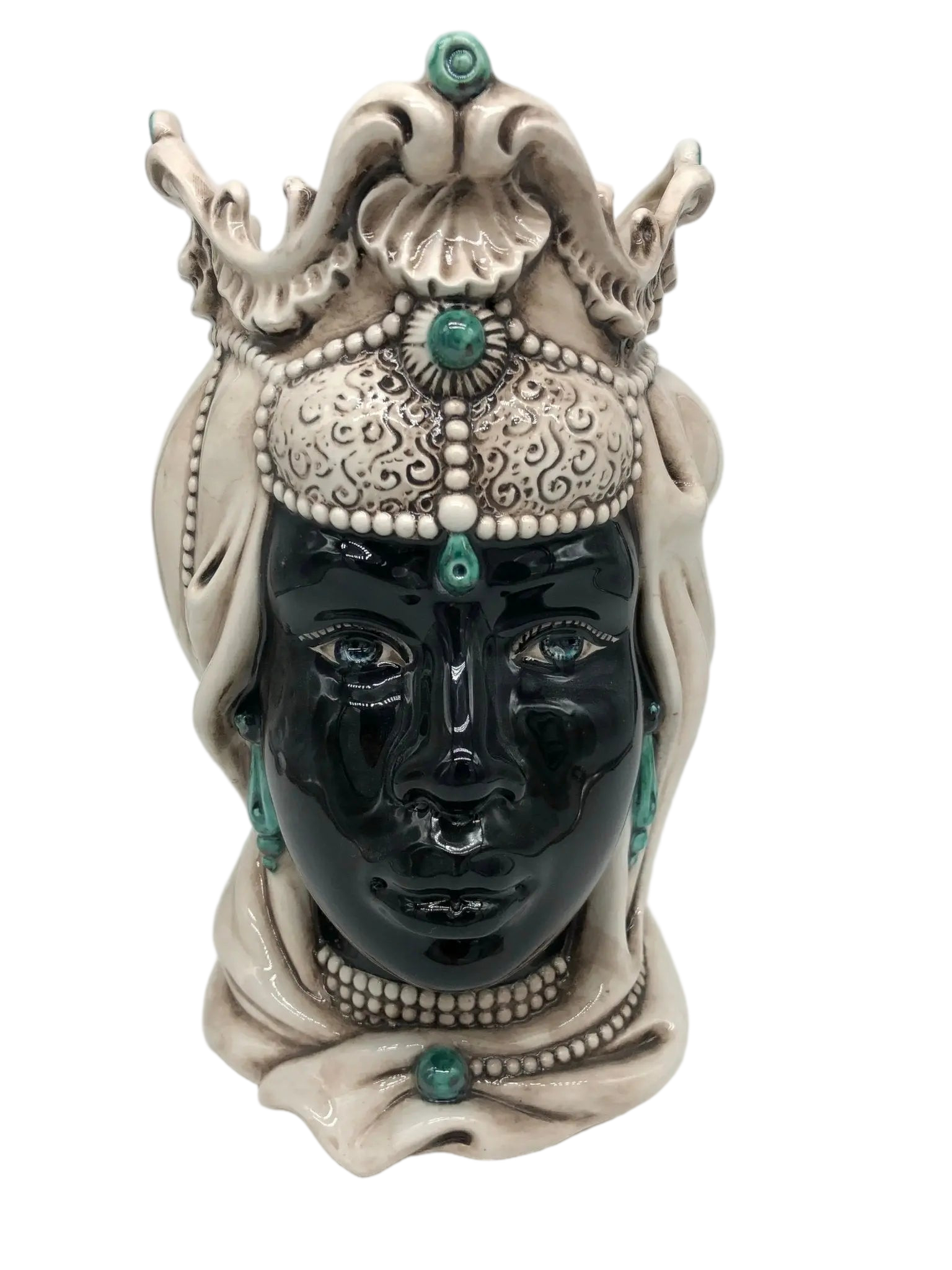 Teste di Moro Emiro Ceramica Caltagirone cm H.30 L.18 Artigianale Écru Sfere Verde - DD CERAMICHE SICILIANE