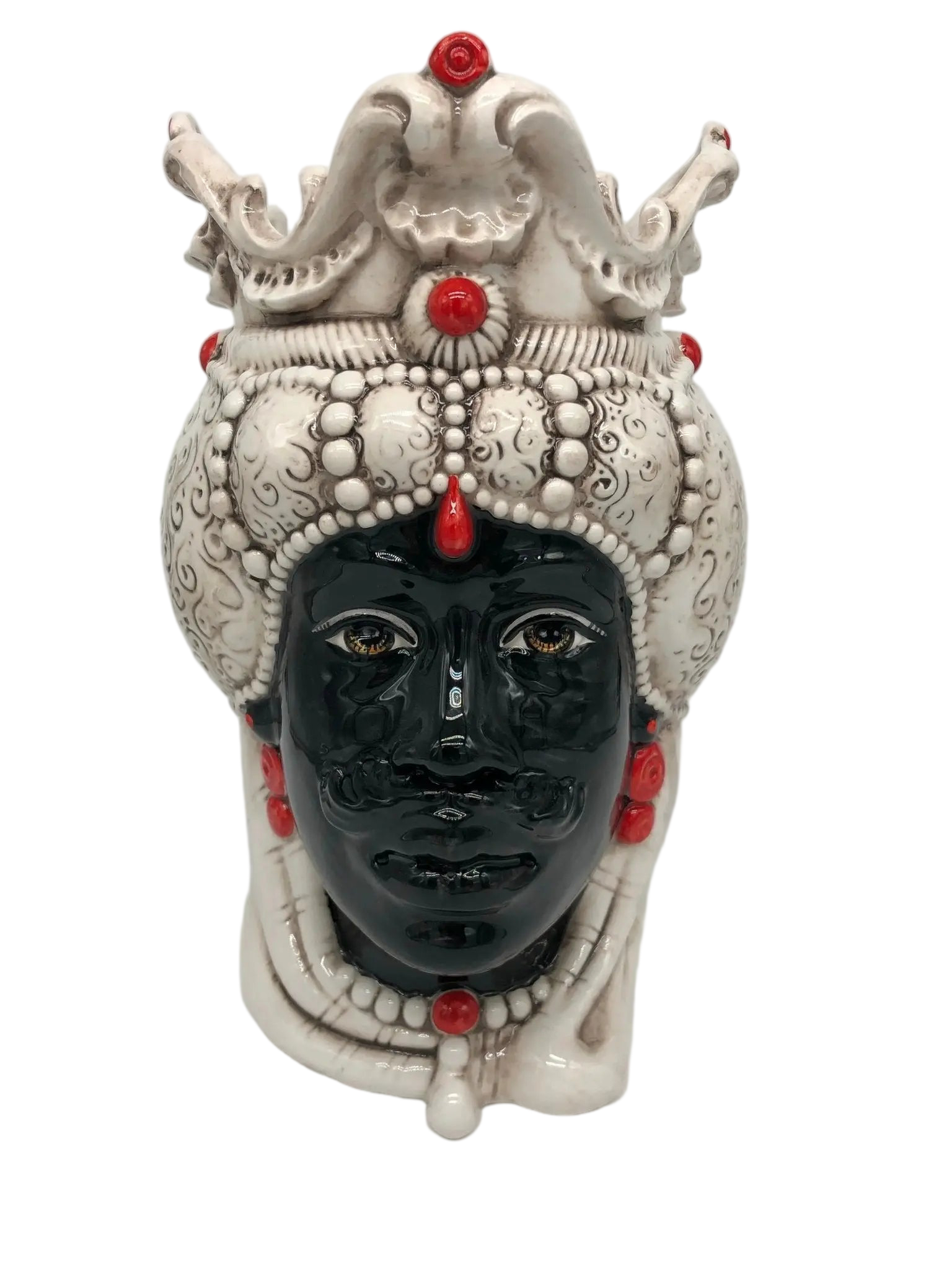 Teste di Moro Emiro Ceramica Caltagirone cm H.30 L.18 Artigianale Écru Sfere Rosso - DD CERAMICHE SICILIANE
