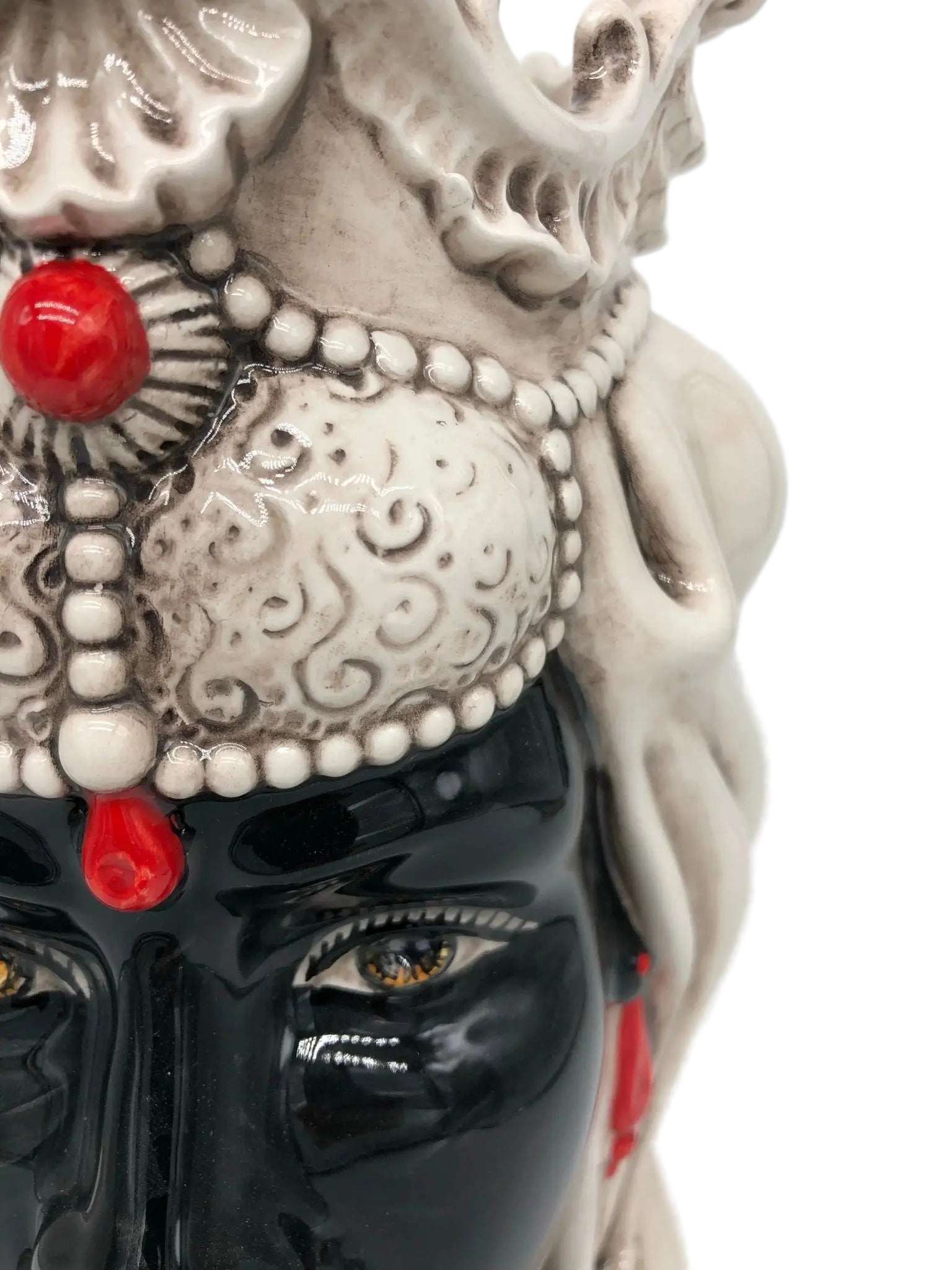 Teste di Moro Emiro Ceramica Caltagirone cm H.30 L.18 Artigianale Écru Sfere Rosso - DD CERAMICHE SICILIANE
