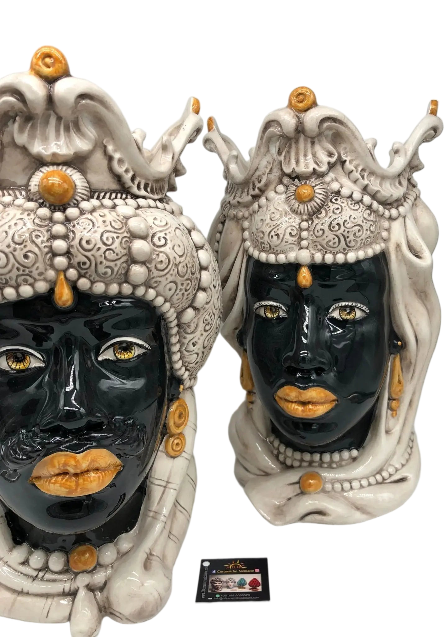 Teste di Moro Emiro Ceramica Caltagirone cm H.38 L.23 Artigianale Écru Sfere Arancio - DD CERAMICHE SICILIANE