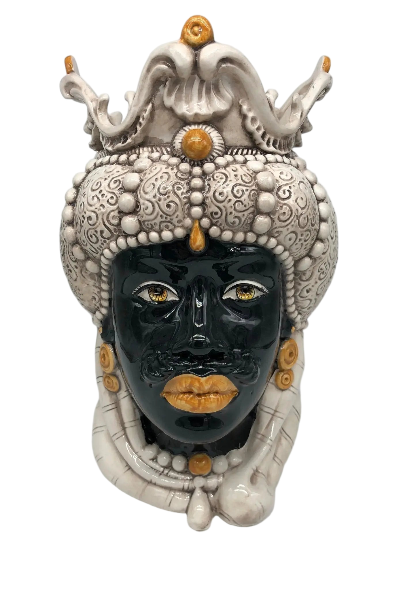 Teste di Moro Emiro Ceramica Caltagirone cm H.38 L.23 Artigianale Écru Sfere Arancio - DD CERAMICHE SICILIANE