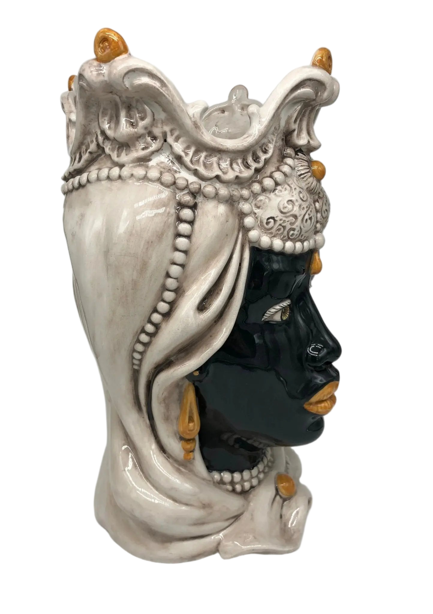 Teste di Moro Emiro Ceramica Caltagirone cm H.38 L.23 Artigianale Écru Sfere Arancio - DD CERAMICHE SICILIANE