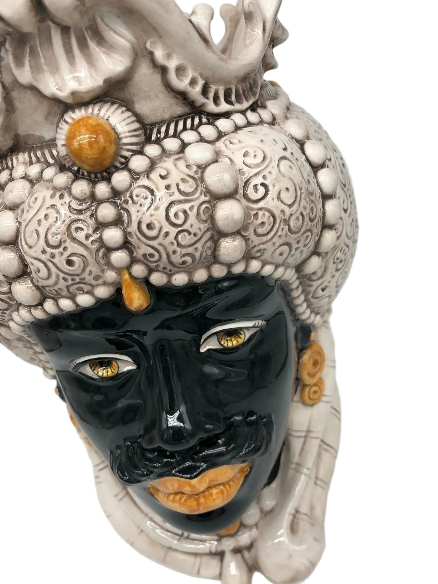 Teste di Moro Emiro Ceramica Caltagirone cm H.38 L.23 Artigianale Écru Sfere Arancio - DD CERAMICHE SICILIANE
