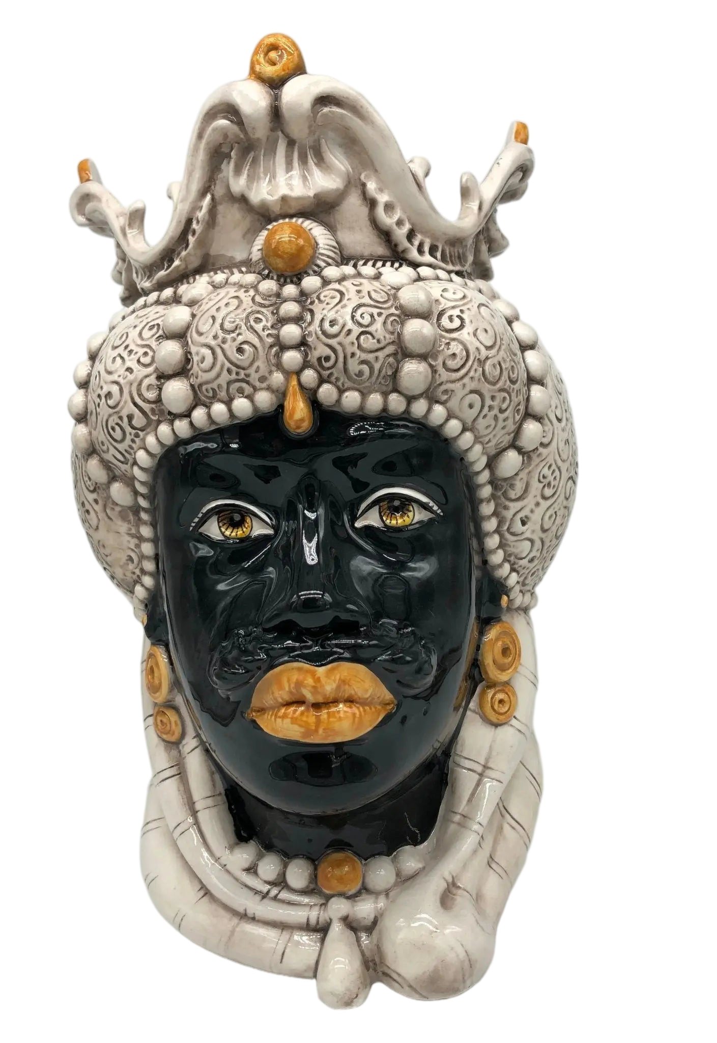 Teste di Moro Emiro Ceramica Caltagirone cm H.38 L.23 Artigianale Écru Sfere Arancio - DD CERAMICHE SICILIANE
