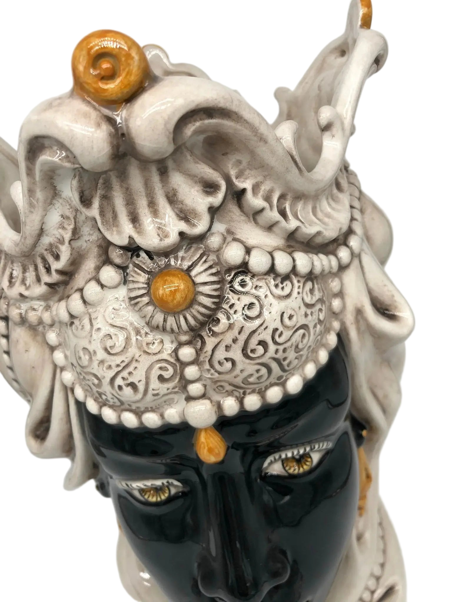 Teste di Moro Emiro Ceramica Caltagirone cm H.38 L.23 Artigianale Écru Sfere Arancio - DD CERAMICHE SICILIANE
