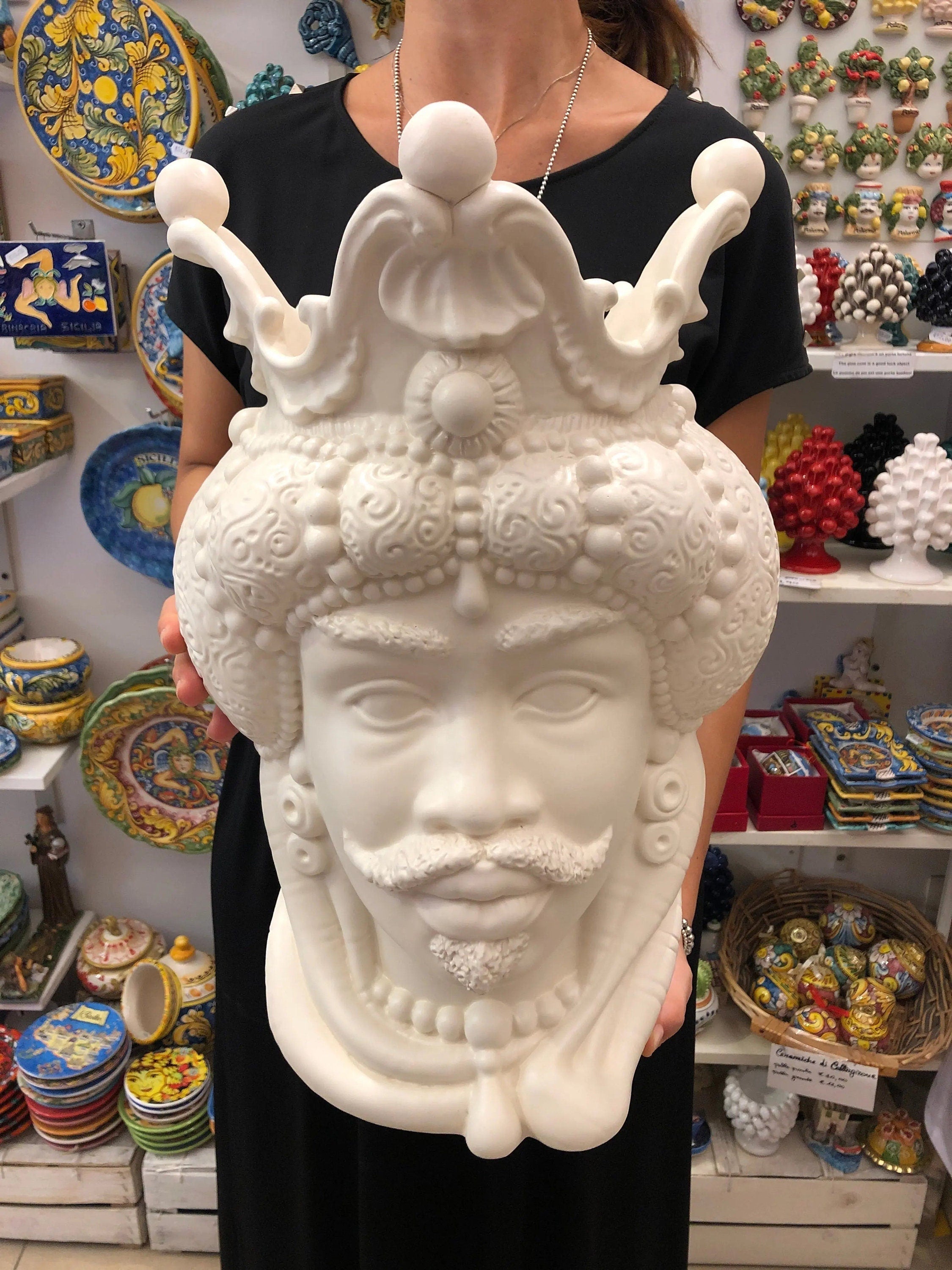 Teste di Moro Emiro Ceramica Caltagirone cm H.45 L.29 Artigianale Bianco Opaco DD CERAMICHE SICILIANE