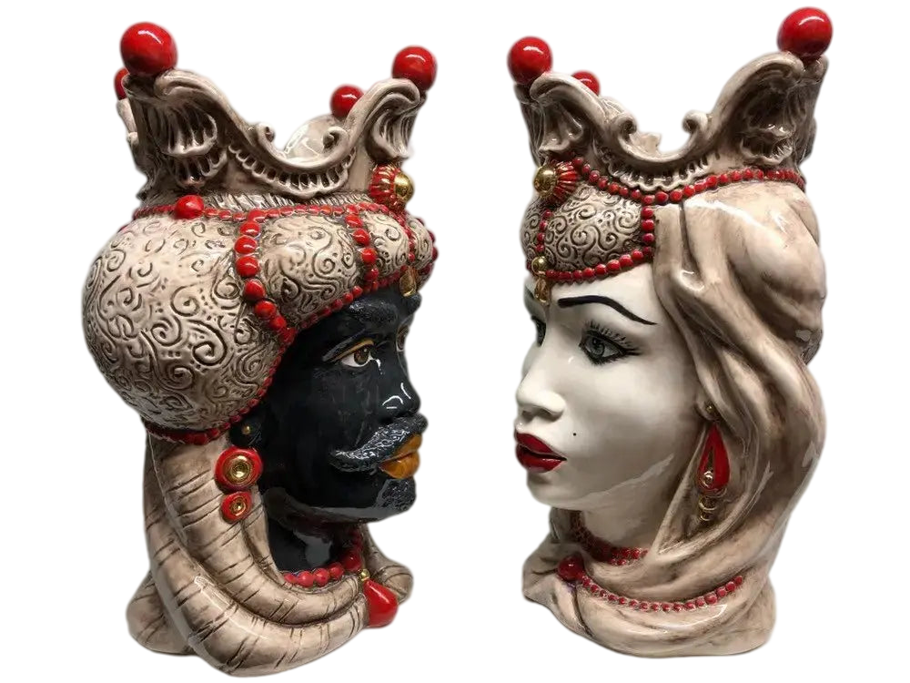 Teste di Moro Emiro Ceramica Caltagirone cm H.45 L.29 Artigianale Écru Oro Sfere Rosso - DD CERAMICHE SICILIANE