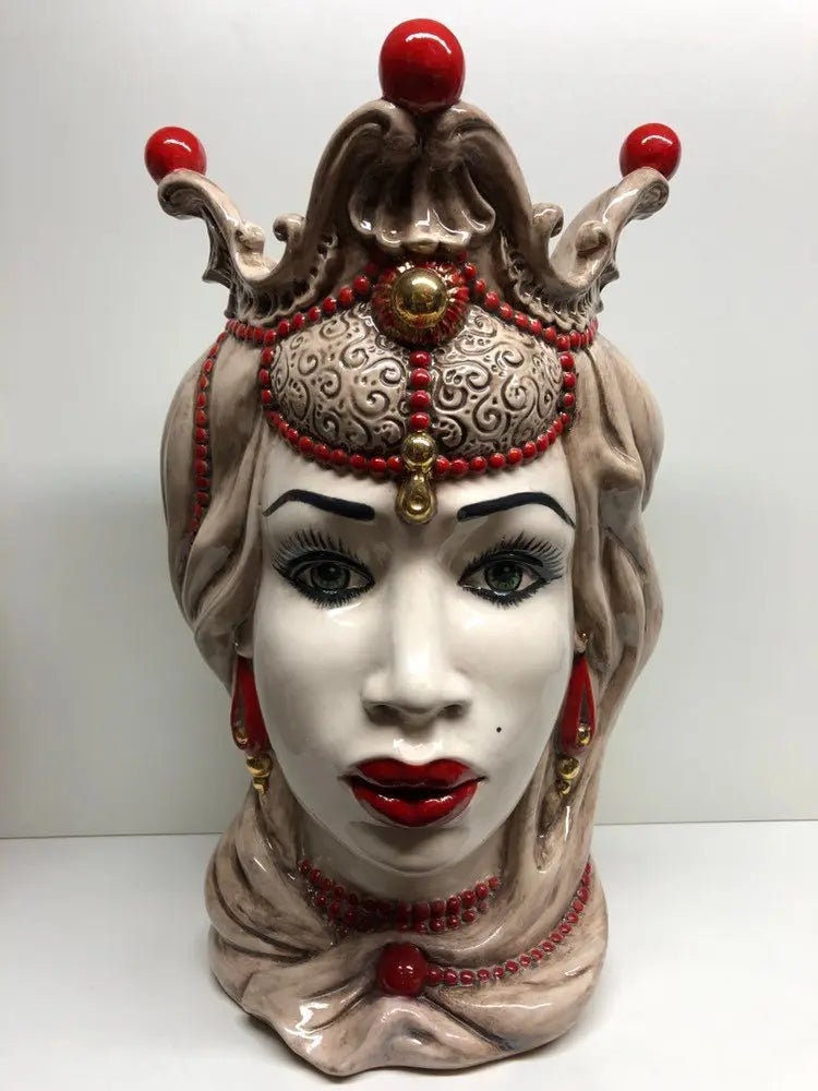 Teste di Moro Emiro Ceramica Caltagirone cm H.45 L.29 Artigianale Écru Oro Sfere Rosso DD CERAMICHE SICILIANE
