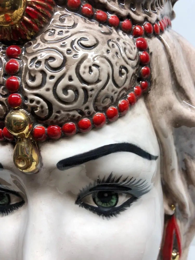 Teste di Moro Emiro Ceramica Caltagirone cm H.45 L.29 Artigianale Écru Oro Sfere Rosso DD CERAMICHE SICILIANE