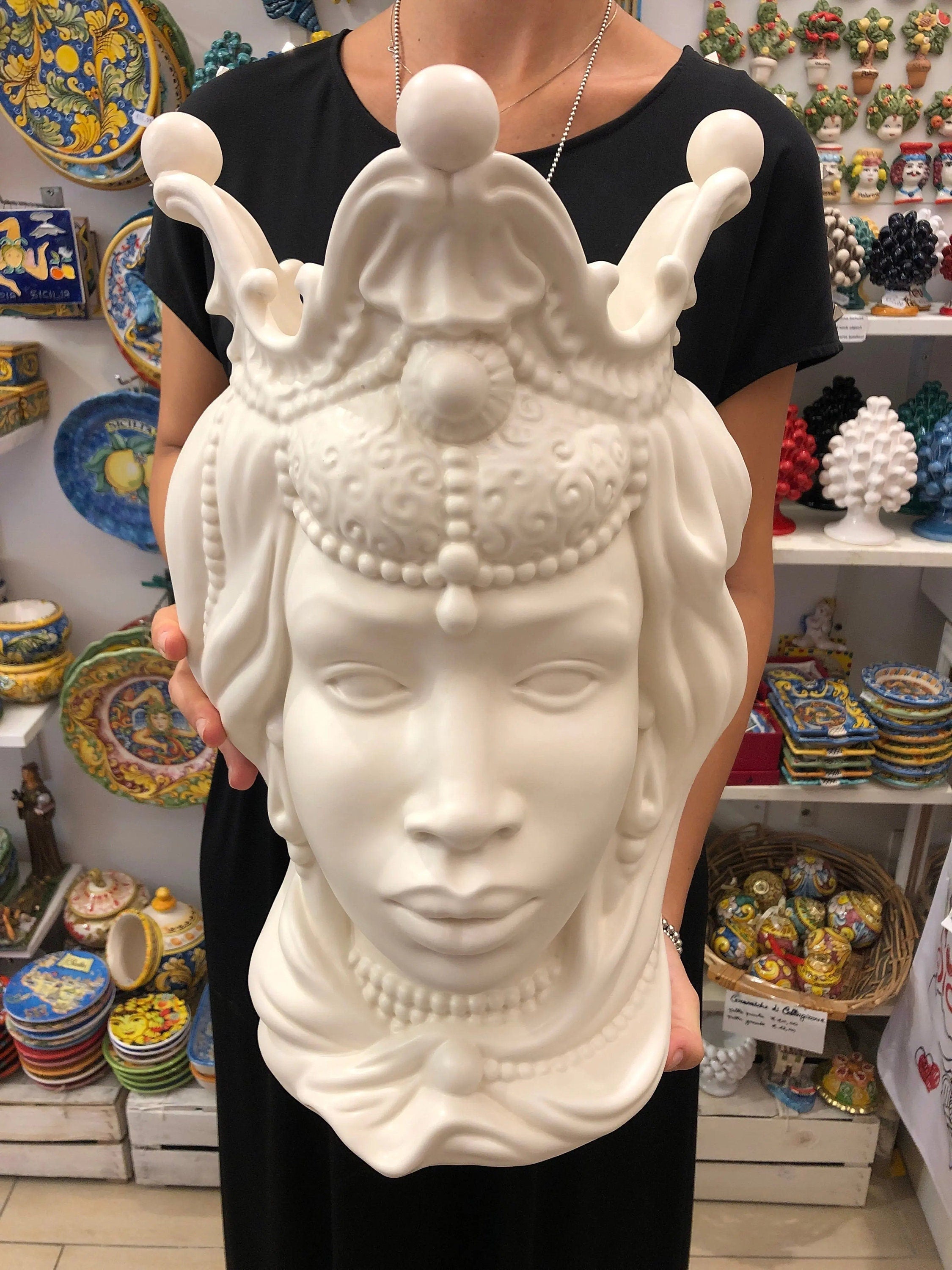 Teste di Moro Emiro Ceramica Caltagirone cm H.45 L.29 Artigianale Bianco Opaco DD CERAMICHE SICILIANE