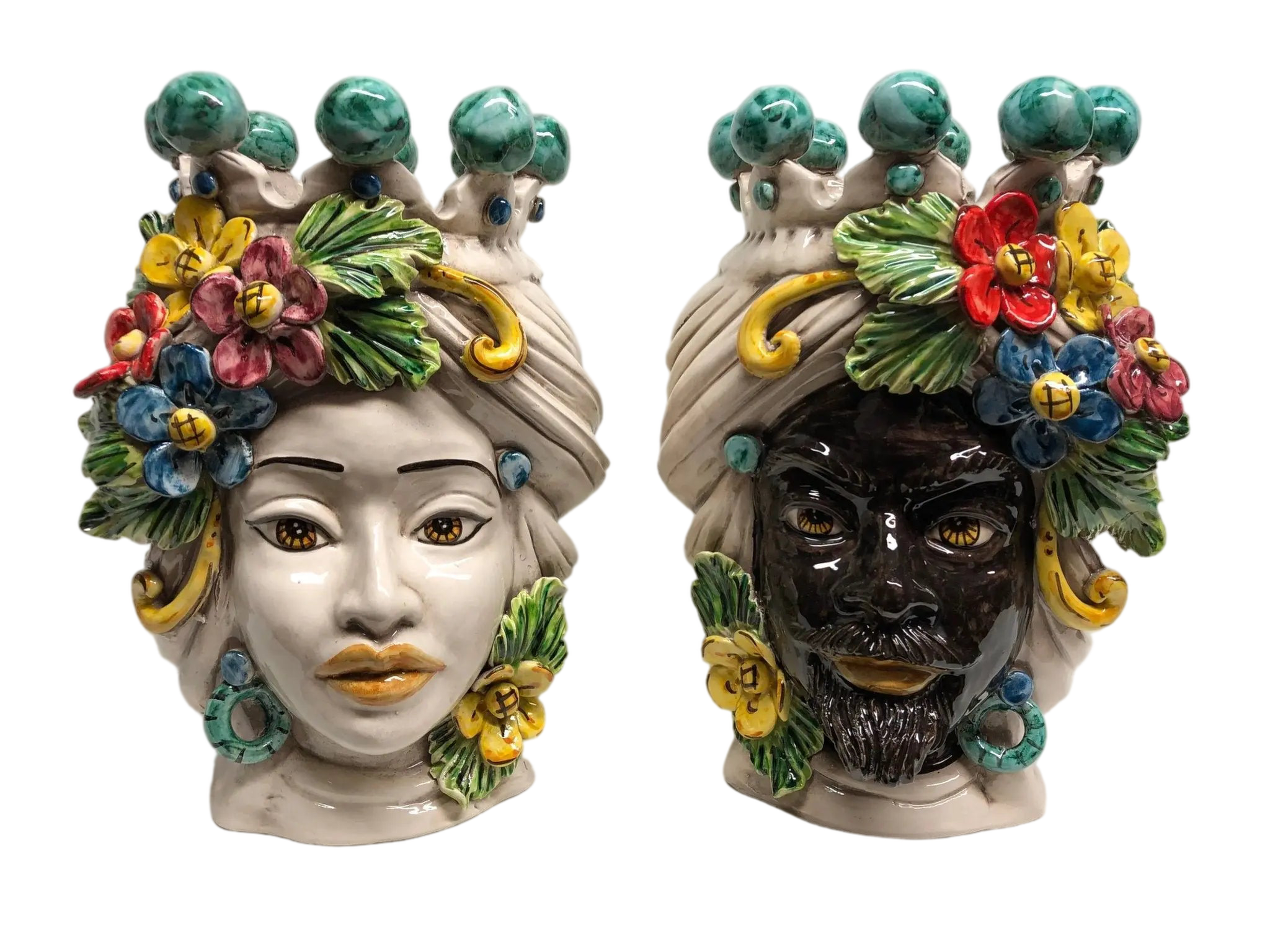 Teste di Moro Fiori Ceramica Caltagirone cm H.30 L.21 Artigianale Corona con Sfere Verde - DD CERAMICHE SICILIANE