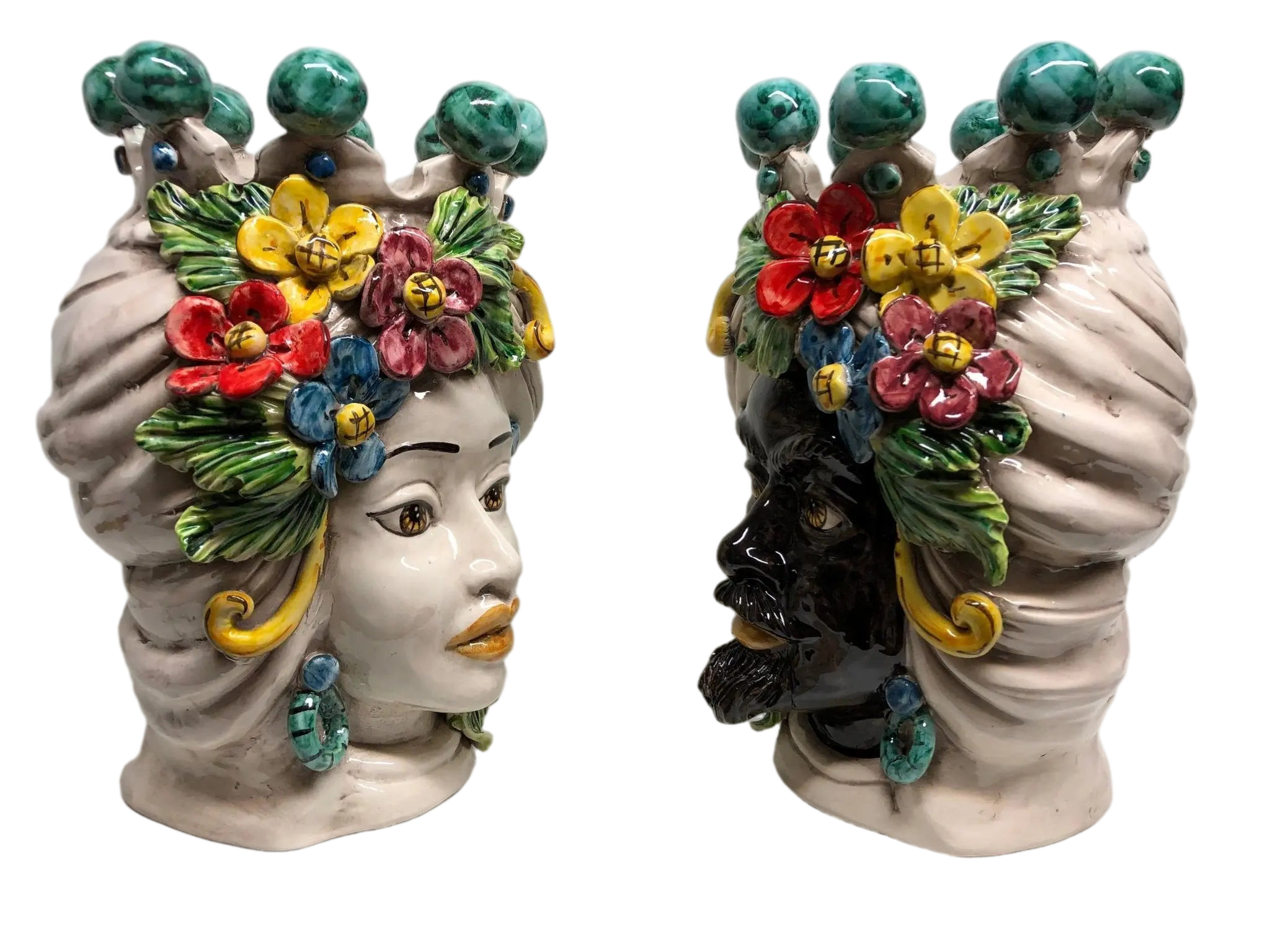 Teste di Moro Fiori Ceramica Caltagirone cm H.30 L.21 Artigianale Corona con Sfere Verde - DD CERAMICHE SICILIANE