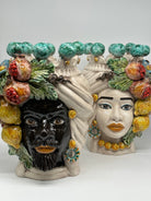 Teste di Moro Fiori e Frutta Ceramica Caltagirone cm H.30 L.23 Artigianale Corona con Sfere Verde - DD CERAMICHE SICILIANE