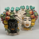 Teste di Moro Fiori e Frutta Ceramica Caltagirone cm H.30 L.23 Artigianale Corona con Sfere Verde - DD CERAMICHE SICILIANE