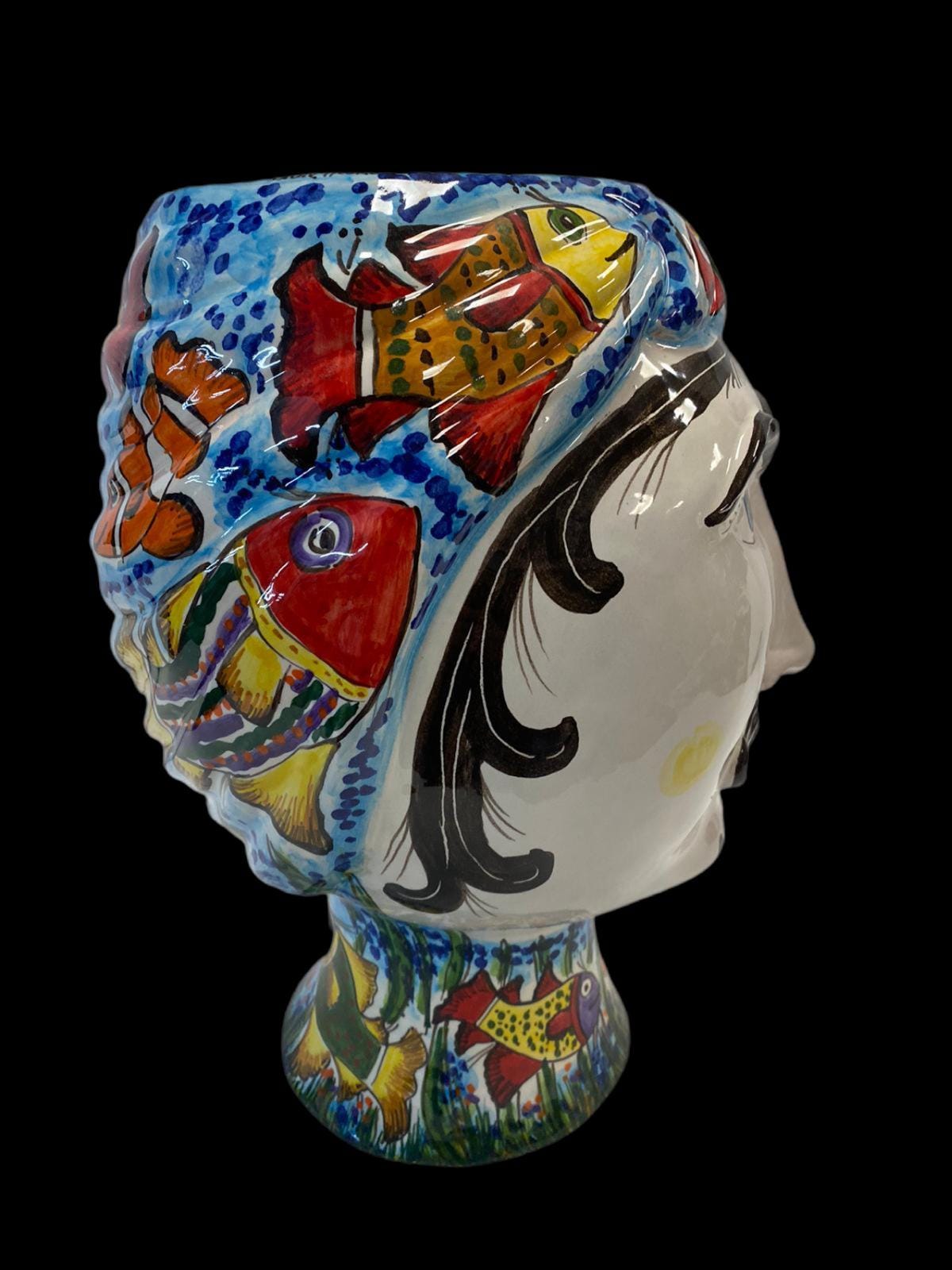 Teste di Moro “Gino & Fina” Ceramica Caltagirone cm H.40 L.30 Artigianale Decoro Pesci - TESTA DI MORO