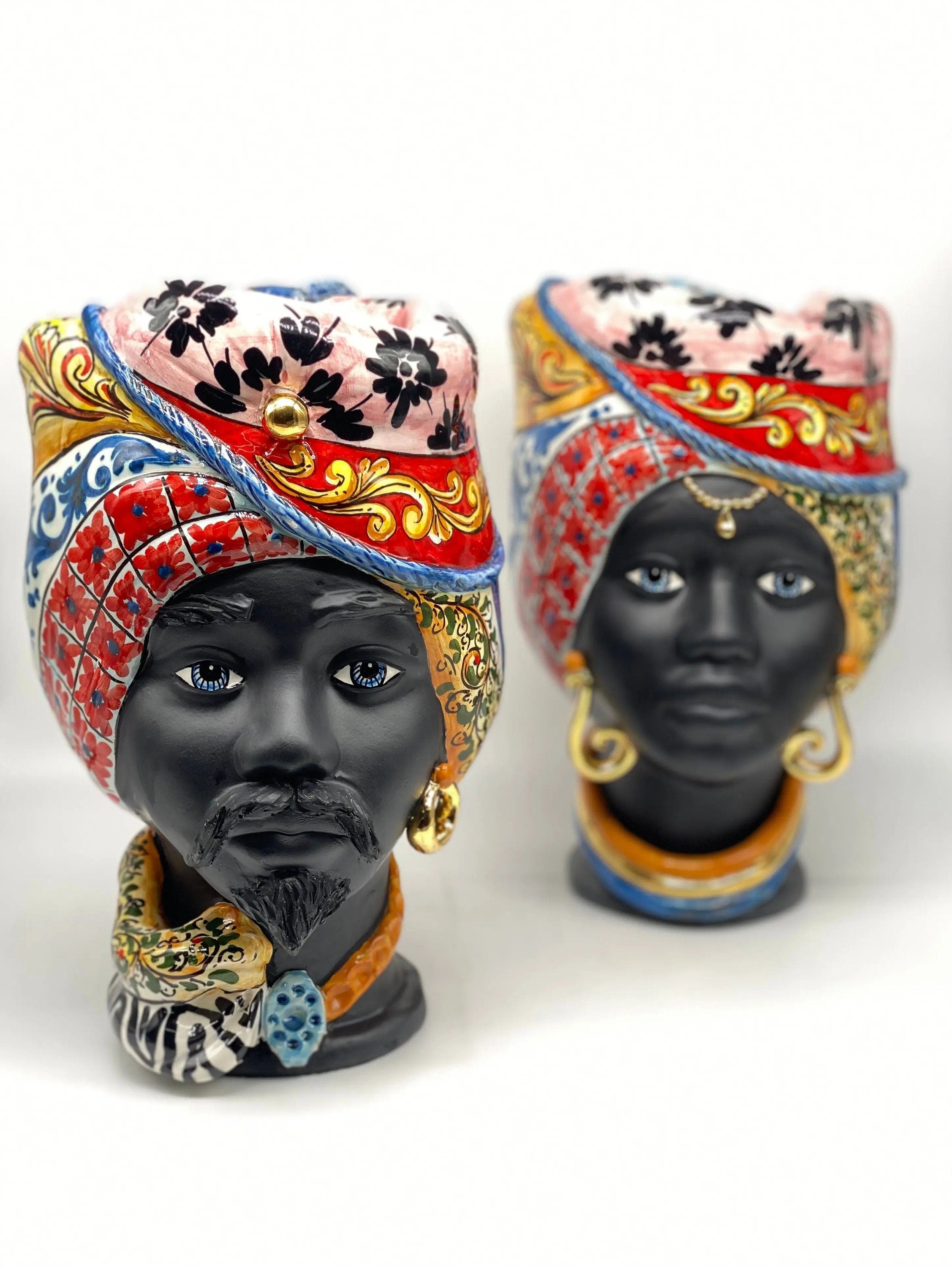 Teste di Moro Horus Ceramica Caltagirone cm H.30 L.18 Artigianale Decorazione “Carretto” DD CERAMICHE SICILIANE