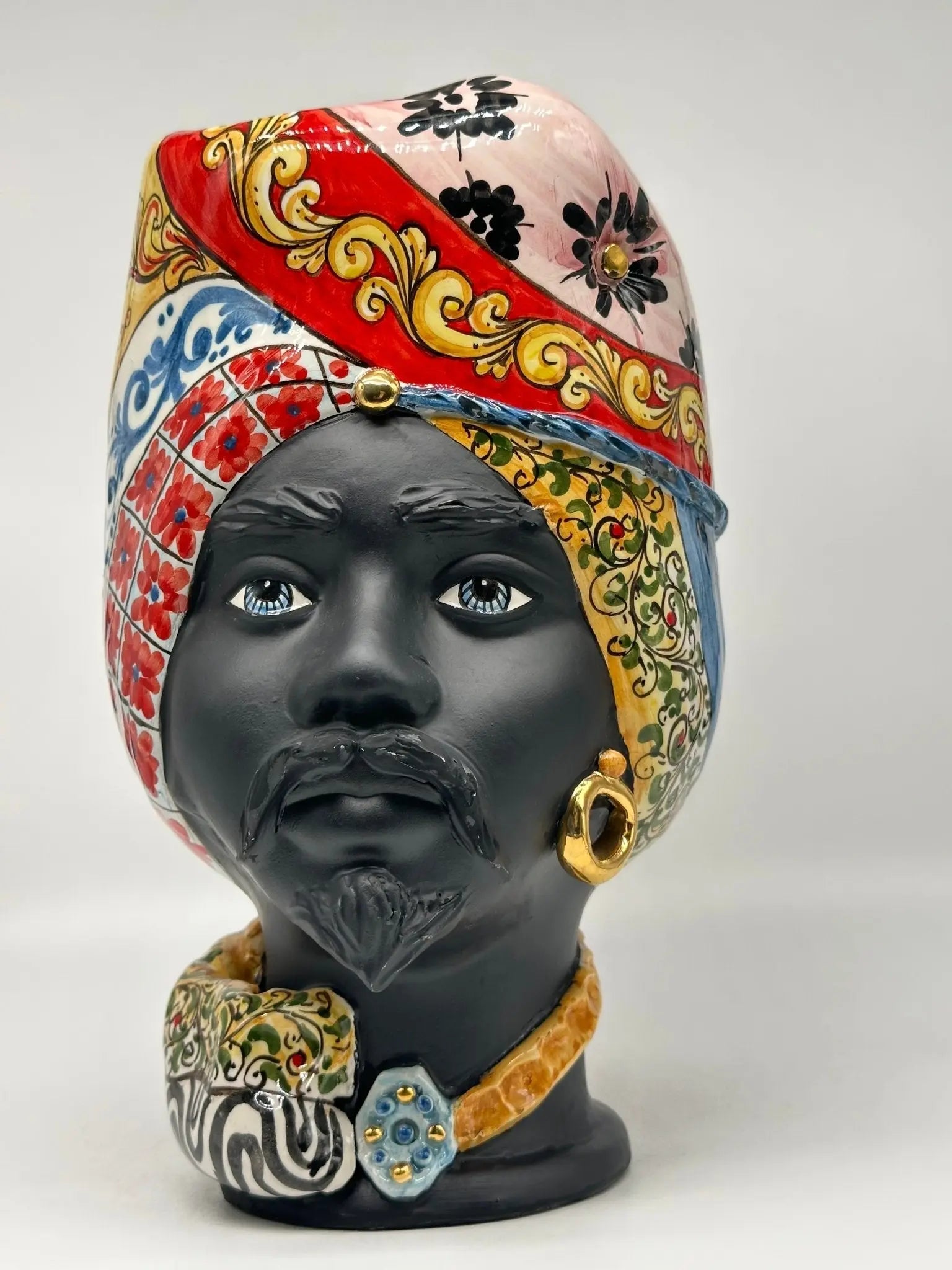 Teste di Moro Horus Ceramica Caltagirone cm H.30 L.18 Artigianale Decorazione “Carretto2” - TESTA DI MORO