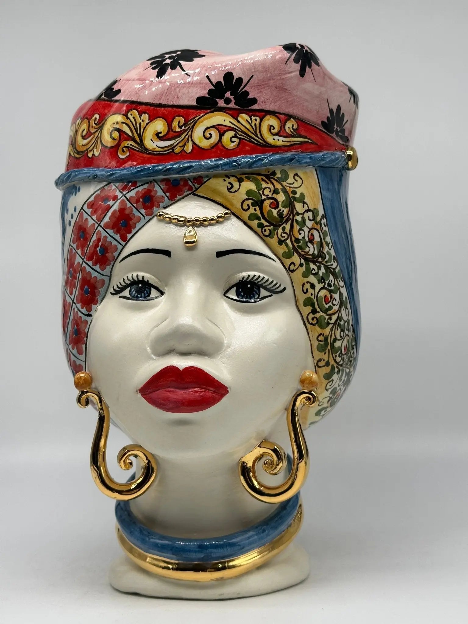 Teste di Moro Horus Ceramica Caltagirone cm H.30 L.18 Artigianale Decorazione “Carretto2” - TESTA DI MORO