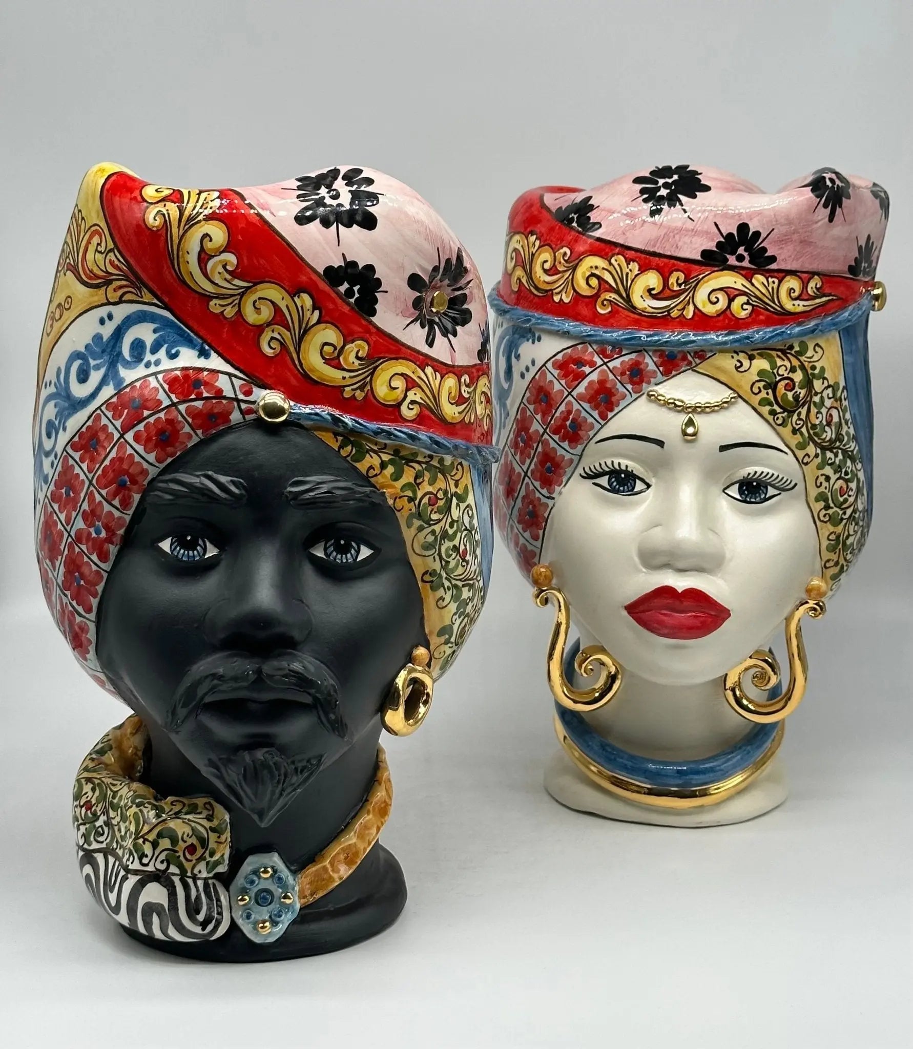 Teste di Moro Horus Ceramica Caltagirone cm H.30 L.18 Artigianale Decorazione “Carretto2” - TESTA DI MORO