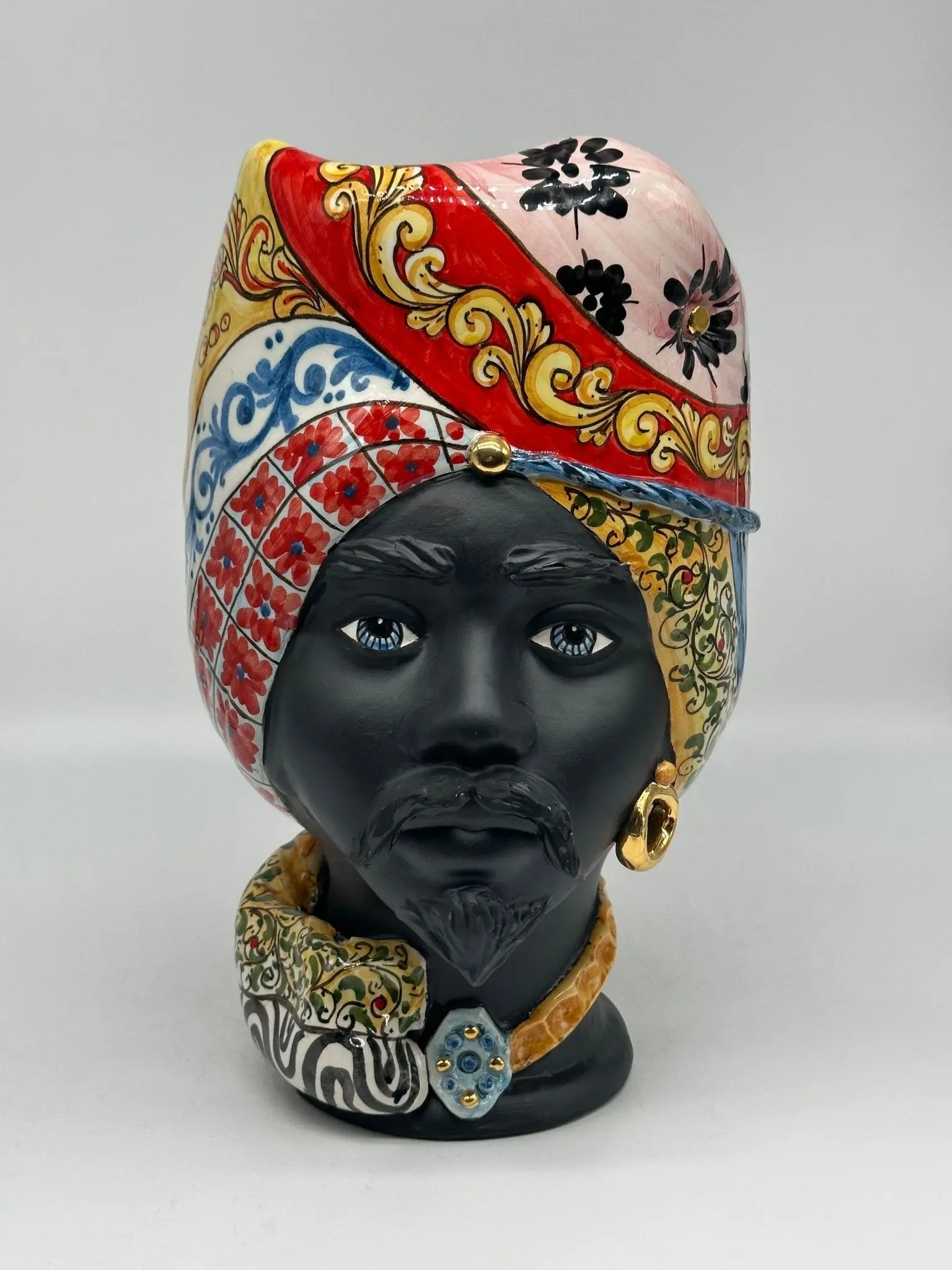 Teste di Moro Horus Ceramica Caltagirone cm H.30 L.18 Artigianale Decorazione “Carretto2” - Uomo - TESTA DI MORO