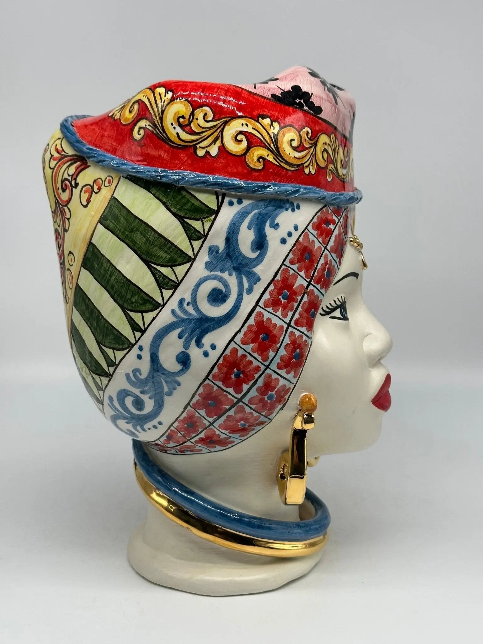 Teste di Moro Horus Ceramica Caltagirone cm H.30 L.18 Artigianale Decorazione “Carretto2” - TESTA DI MORO