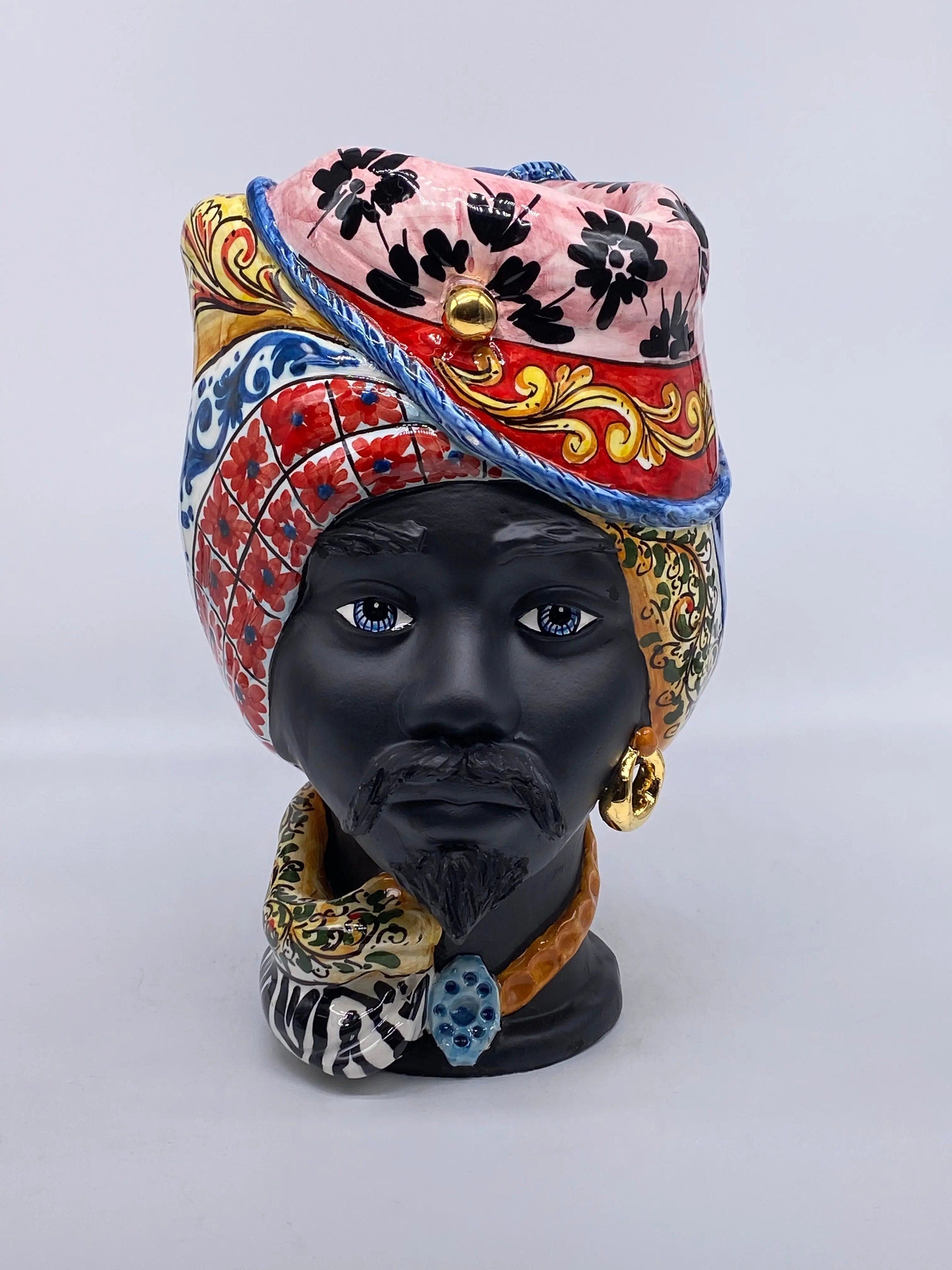 Teste di Moro Horus Ceramica Caltagirone cm H.30 L.18 Artigianale Decorazione “Carretto” DD CERAMICHE SICILIANE