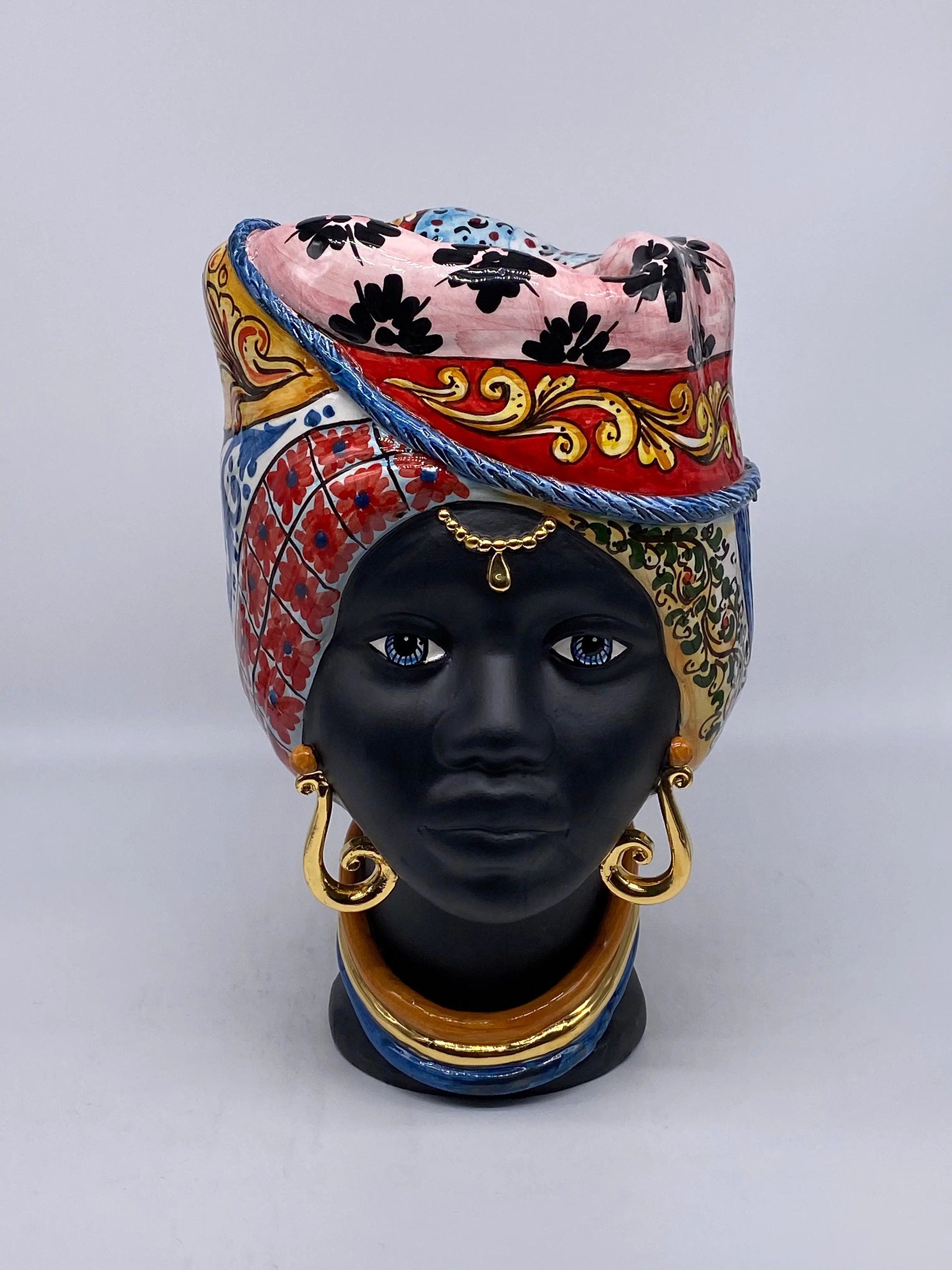 Teste di Moro Horus Ceramica Caltagirone cm H.30 L.18 Artigianale Decorazione “Carretto” DD CERAMICHE SICILIANE