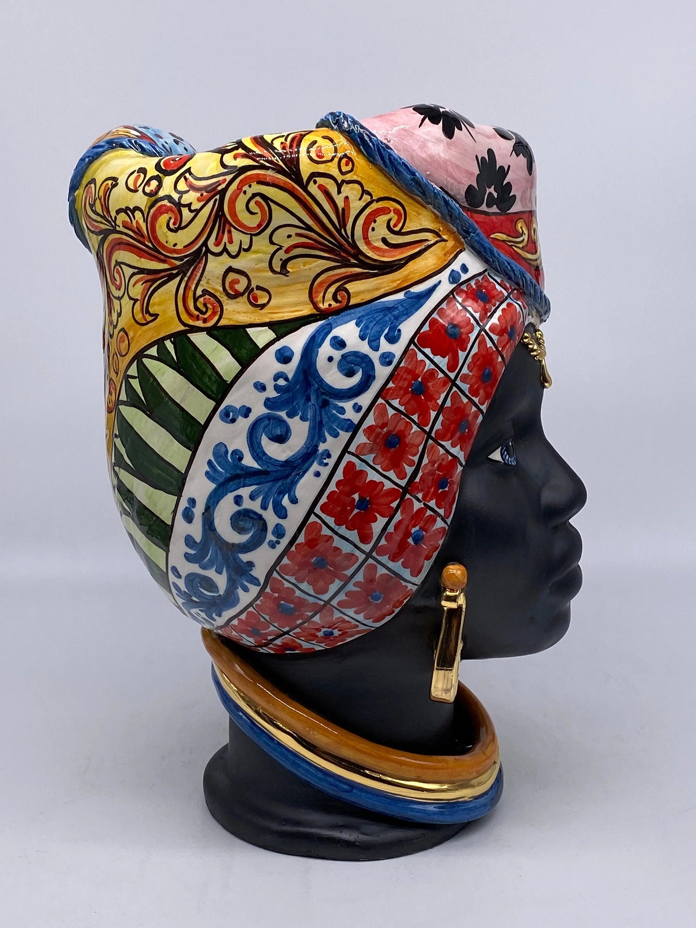 Teste di Moro Horus Ceramica Caltagirone cm H.30 L.18 Artigianale Decorazione “Carretto” DD CERAMICHE SICILIANE