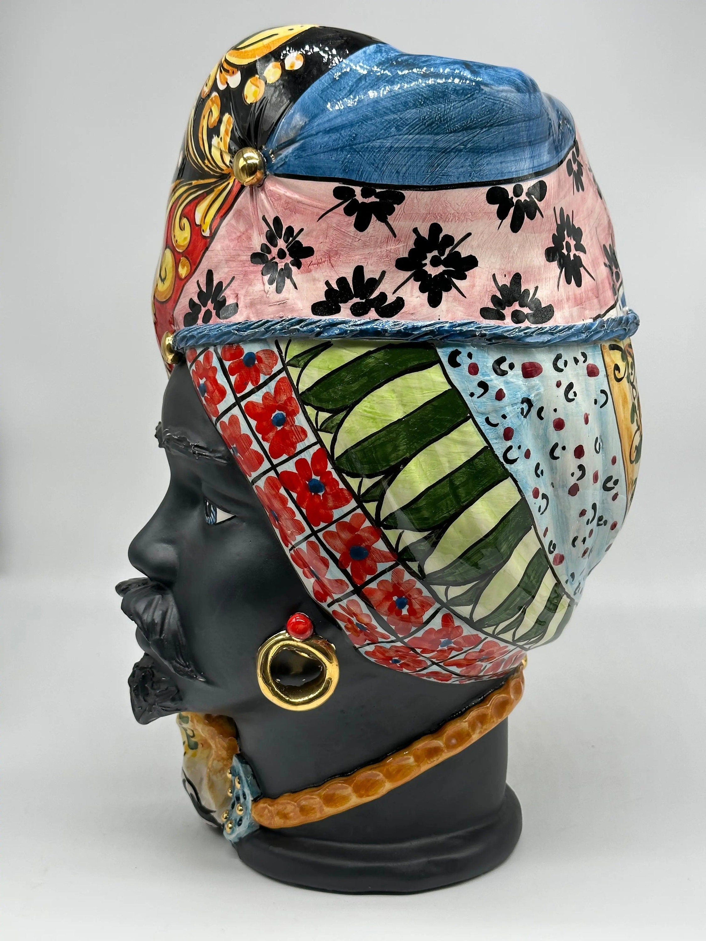 Teste di Moro Horus Ceramica Caltagirone cm H.40 L.23 Artigianale Decorazione “Carretto2” DD CERAMICHE SICILIANE