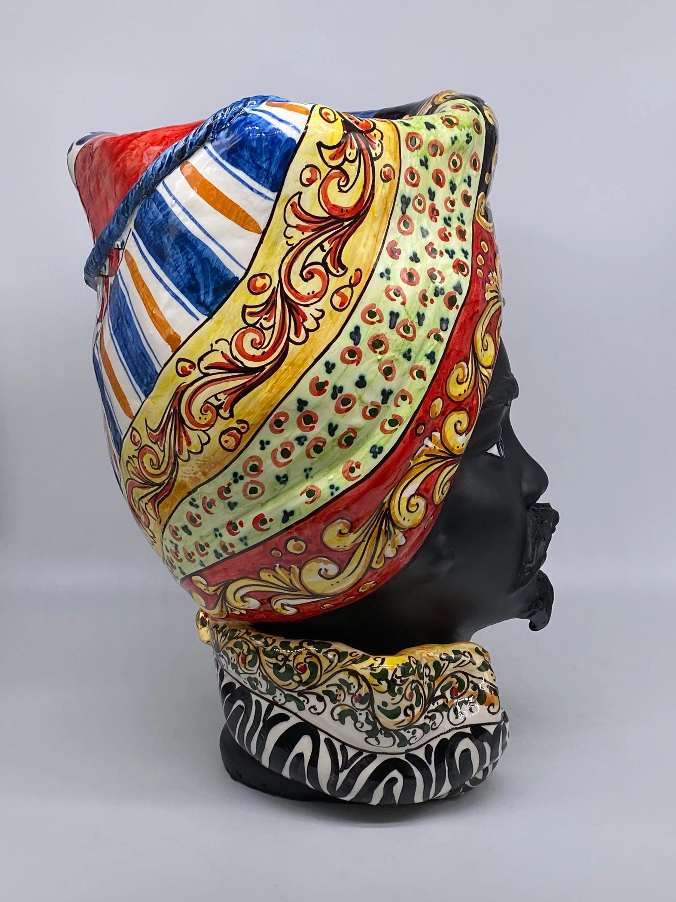 Teste di Moro Horus Ceramica Caltagirone cm H.40 L.23 Artigianale Decorazione “Carretto” DD CERAMICHE SICILIANE