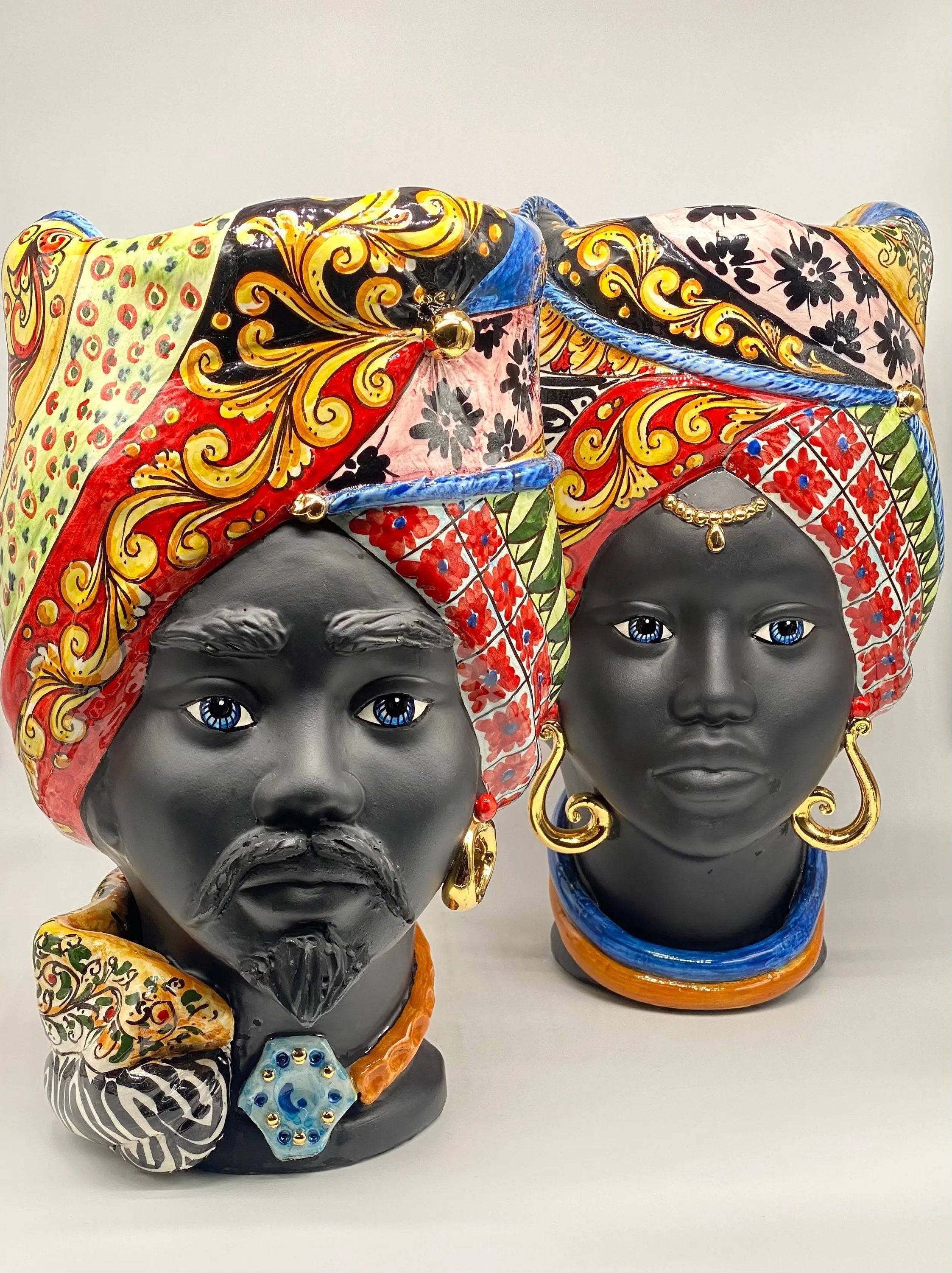 Teste di Moro Horus Ceramica Caltagirone cm H.40 L.23 Artigianale Decorazione “Carretto” DD CERAMICHE SICILIANE