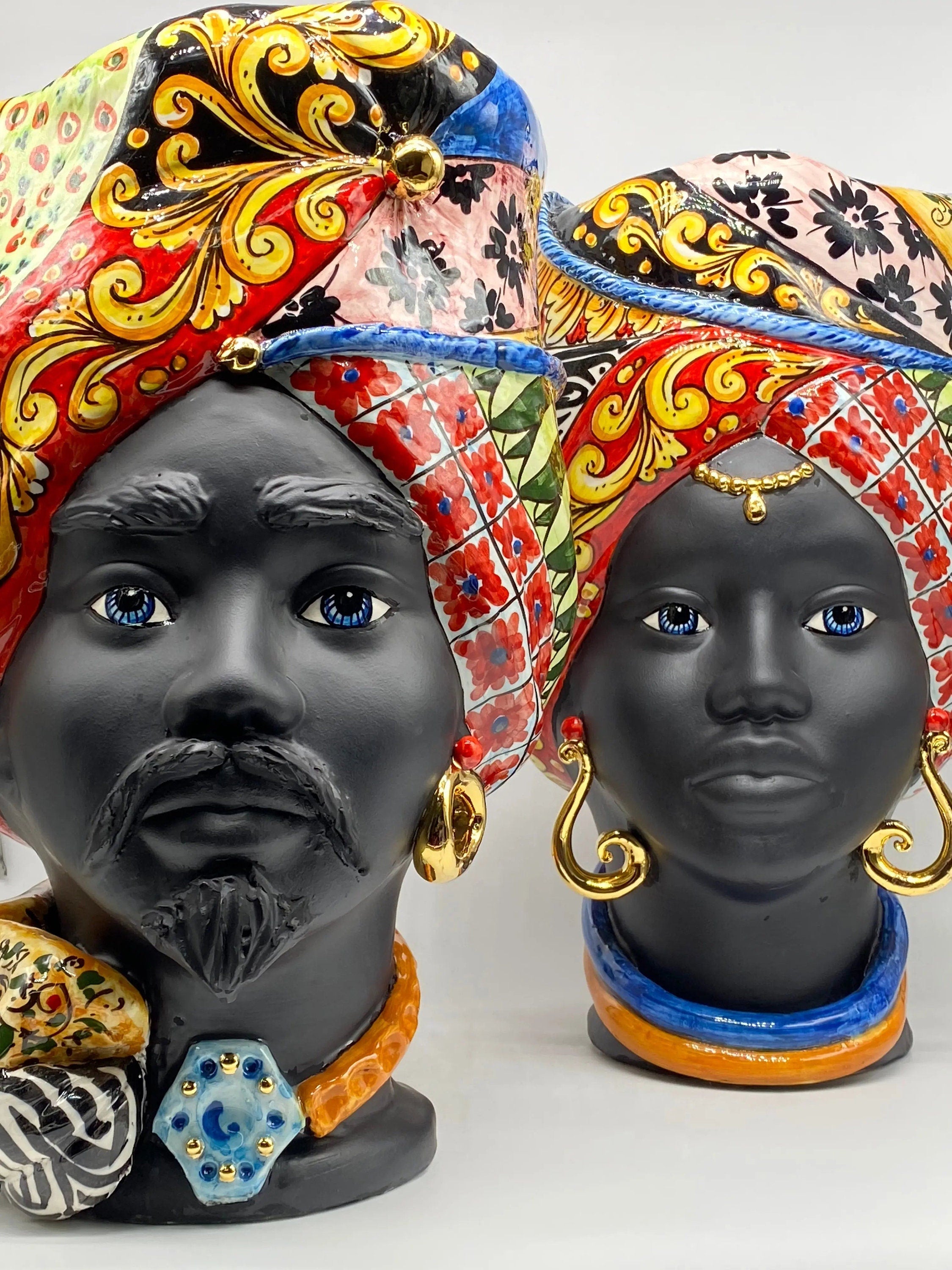 Teste di Moro Horus Ceramica Caltagirone cm H.40 L.23 Artigianale Decorazione “Carretto” DD CERAMICHE SICILIANE