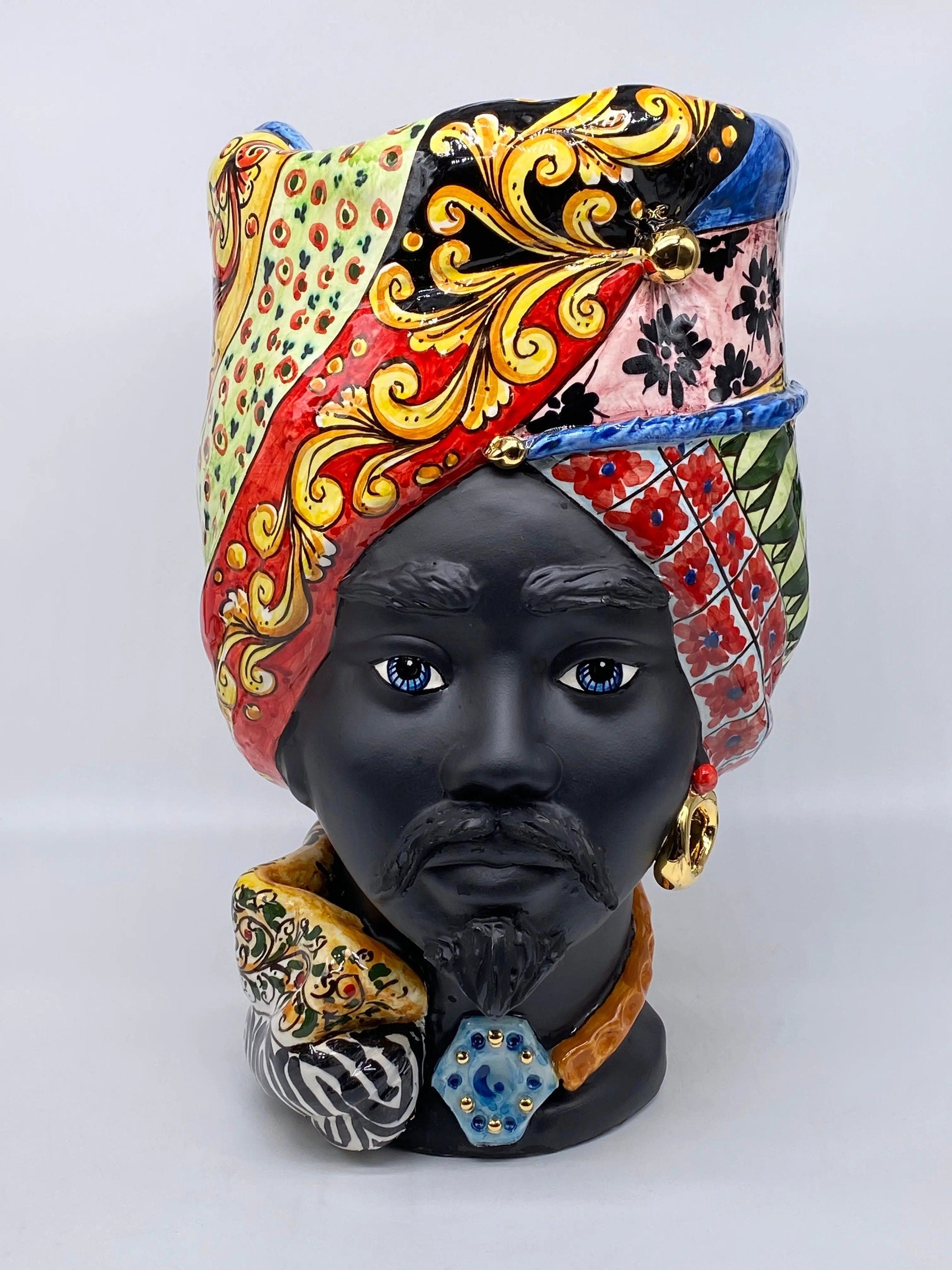 Teste di Moro Horus Ceramica Caltagirone cm H.40 L.23 Artigianale Decorazione “Carretto” DD CERAMICHE SICILIANE