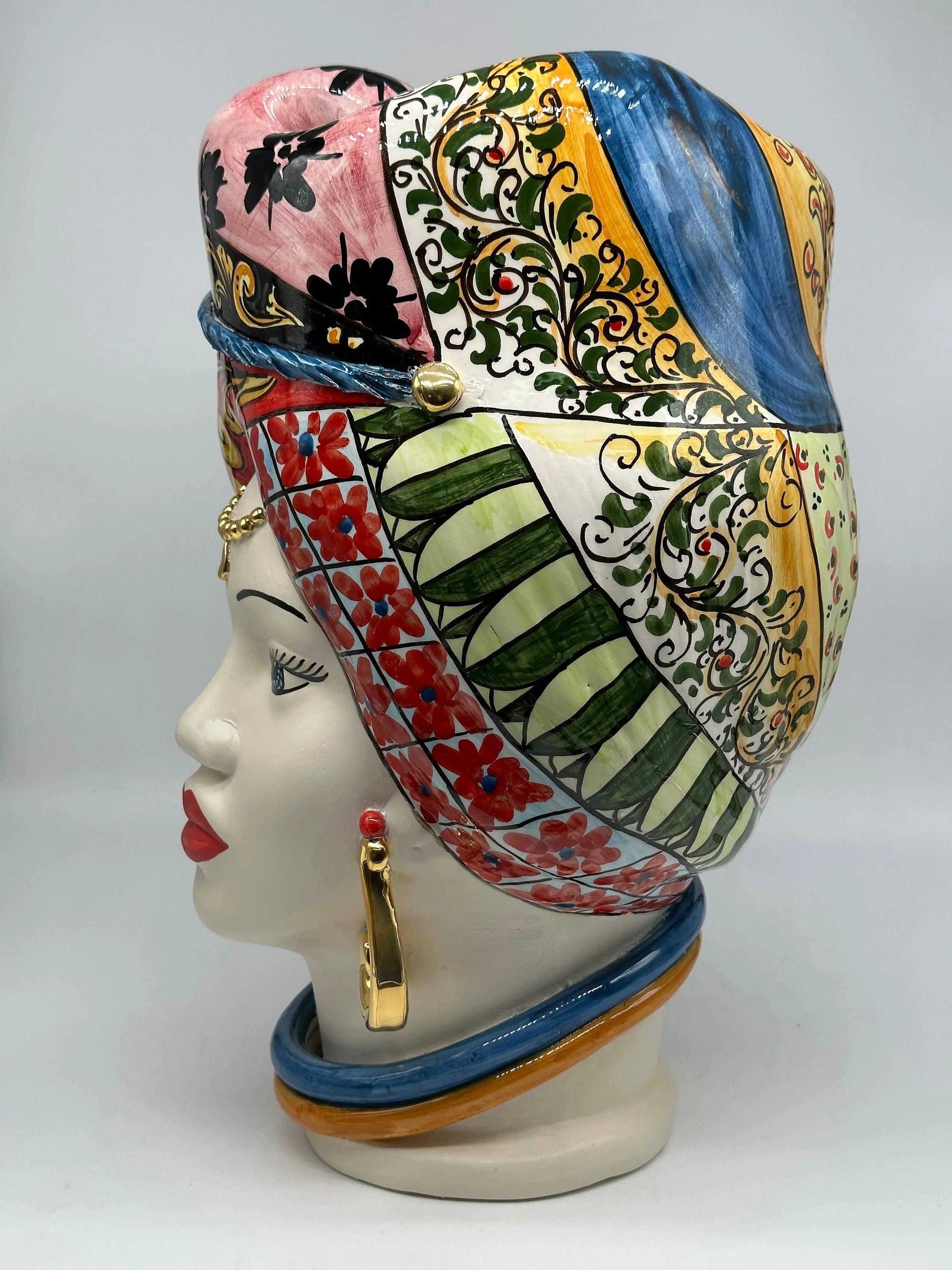 Teste di Moro Horus Ceramica Caltagirone cm H.40 L.23 Artigianale Decorazione “Carretto2” DD CERAMICHE SICILIANE