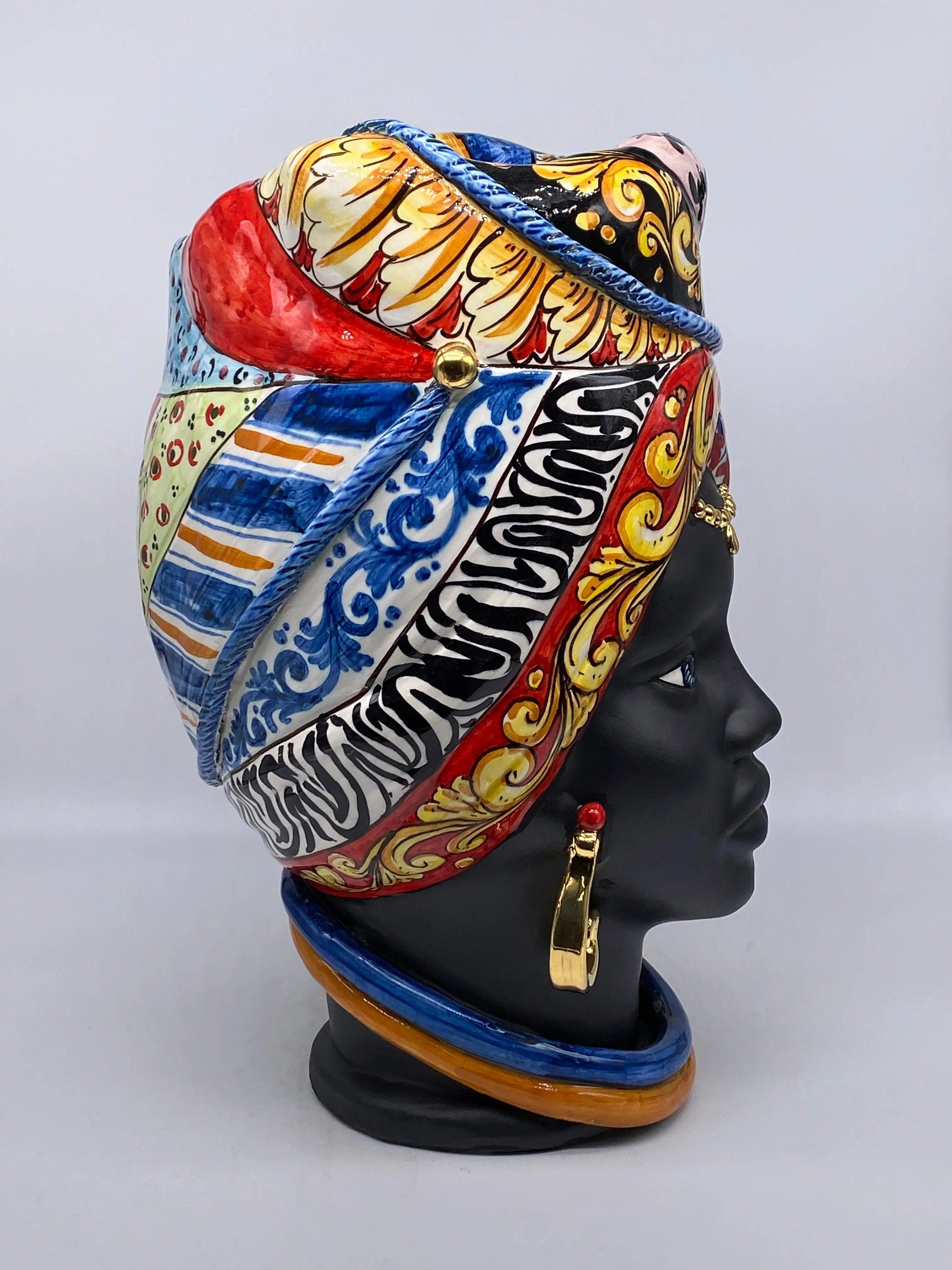 Teste di Moro Horus Ceramica Caltagirone cm H.40 L.23 Artigianale Decorazione “Carretto” DD CERAMICHE SICILIANE