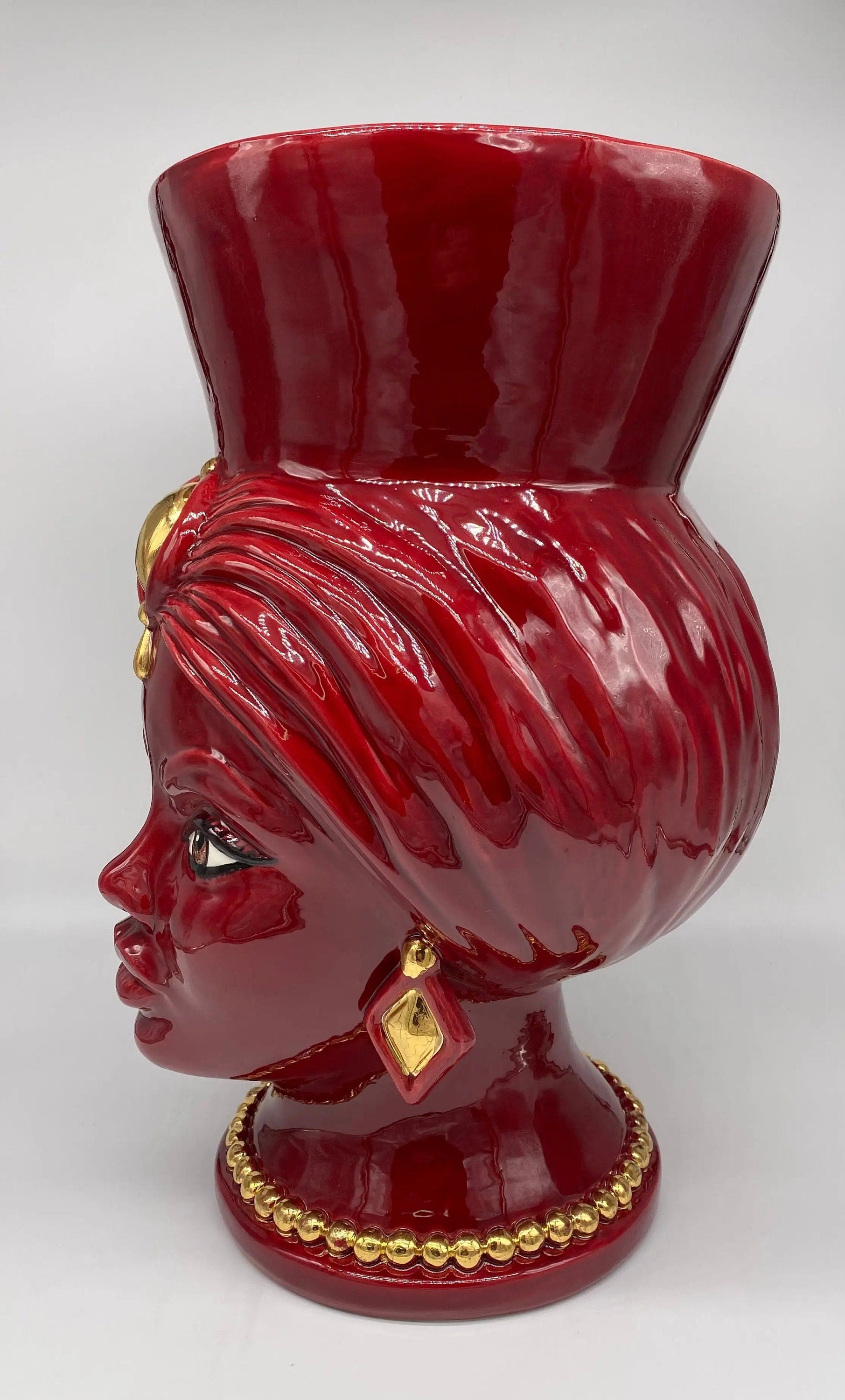 Teste di Moro Iris Ceramica Caltagirone cm H.40 L.23 Artigianale Bordeaux Oro Zecchino DD CERAMICHE SICILIANE