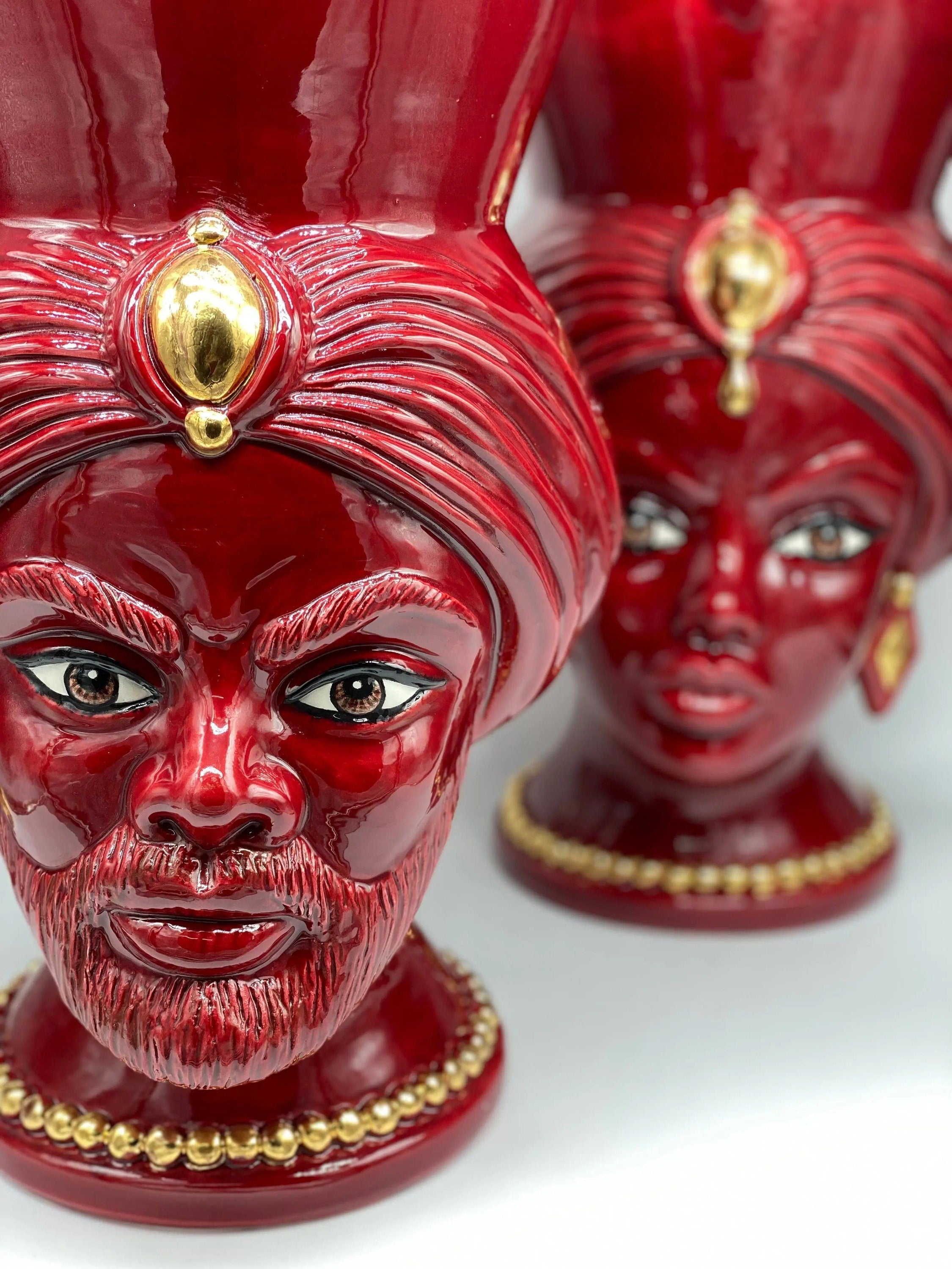 Teste di Moro Iris Ceramica Caltagirone cm H.40 L.23 Artigianale Bordeaux Oro Zecchino DD CERAMICHE SICILIANE