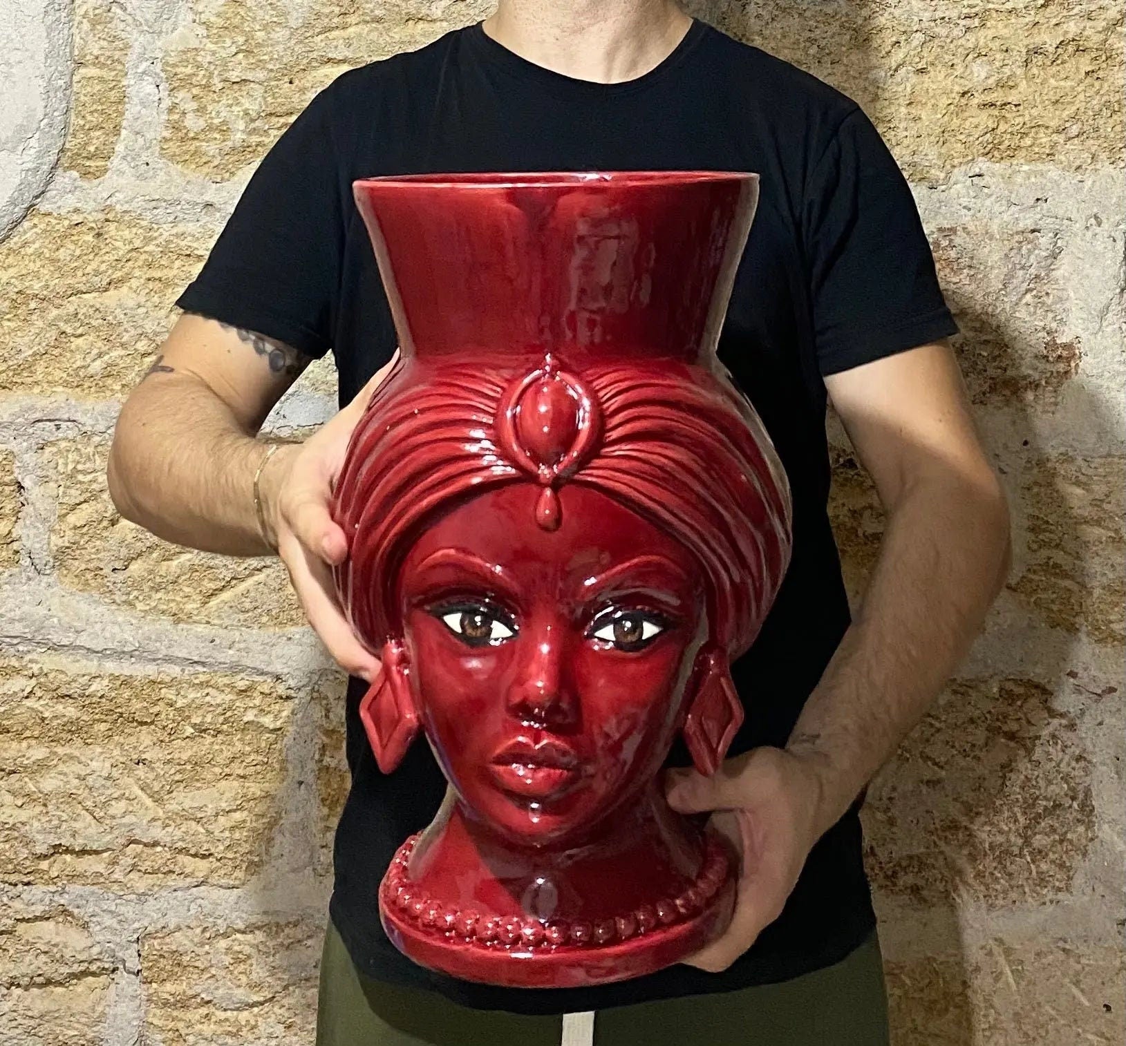 Teste di Moro Iris Ceramica Caltagirone cm H.40 L.23 Artigianale Bordeaux DD CERAMICHE SICILIANE