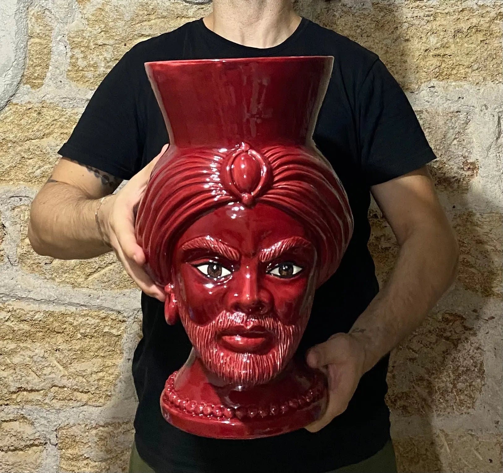 Teste di Moro Iris Ceramica Caltagirone cm H.40 L.23 Artigianale Bordeaux DD CERAMICHE SICILIANE