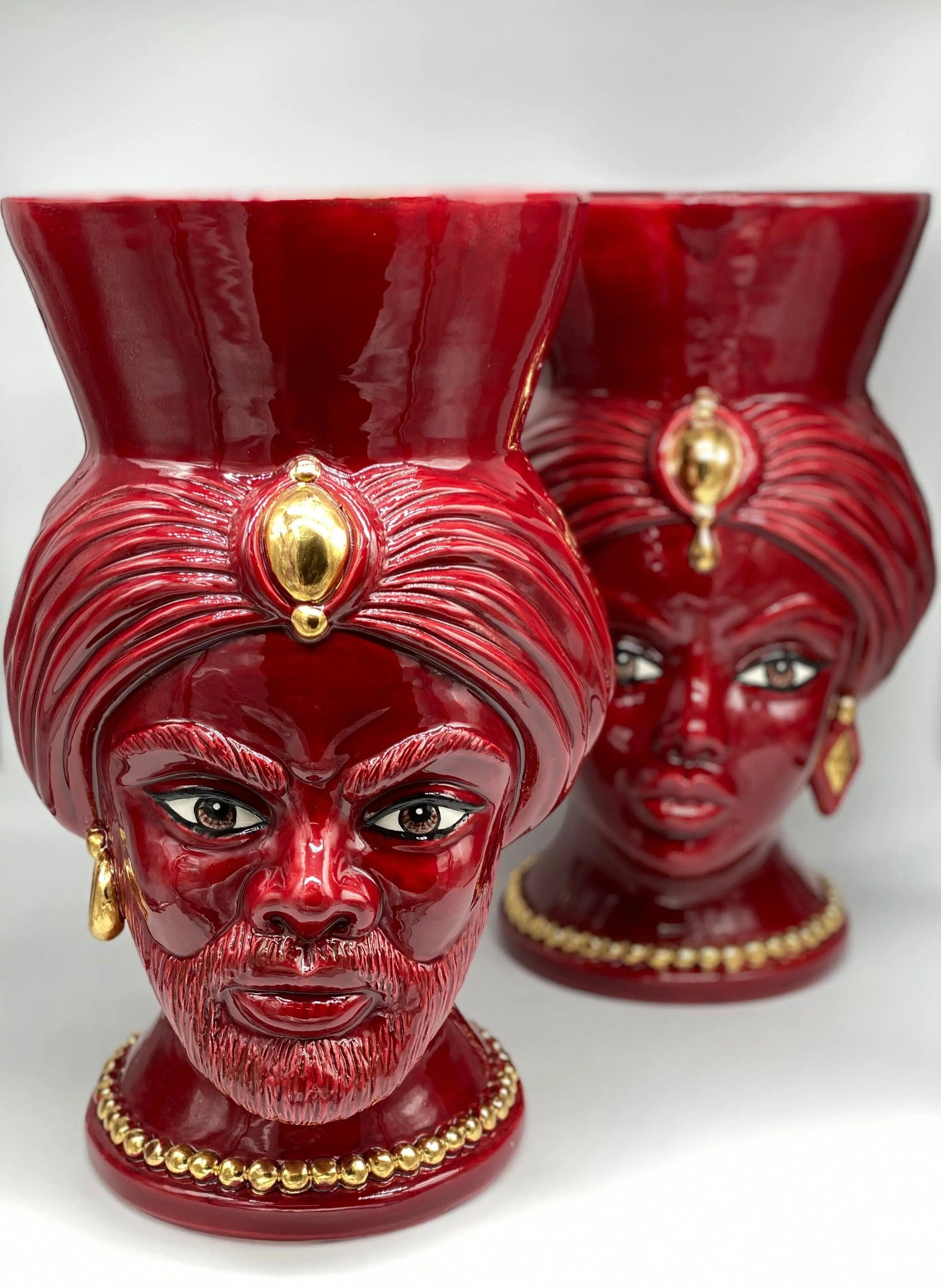 Teste di Moro Iris Ceramica Caltagirone cm H.40 L.23 Artigianale Bordeaux Oro Zecchino DD CERAMICHE SICILIANE