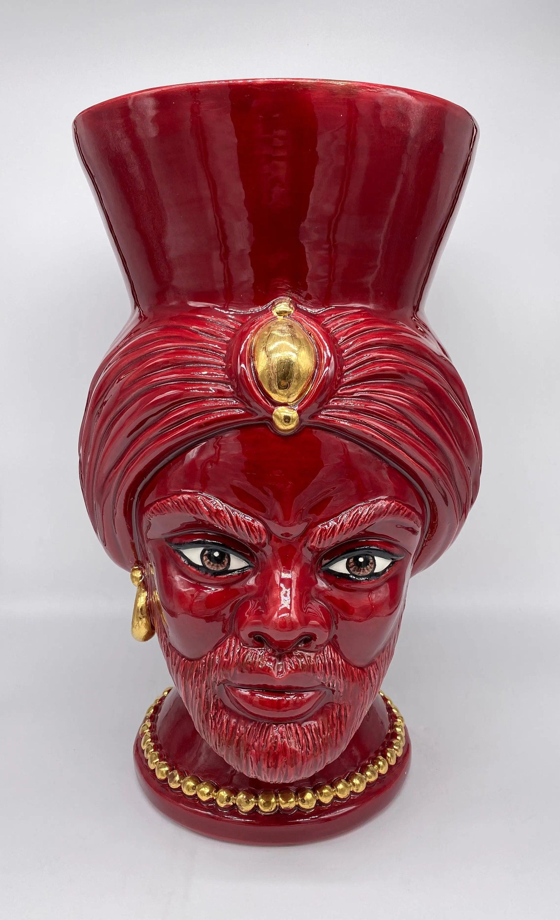 Teste di Moro Iris Ceramica Caltagirone cm H.40 L.23 Artigianale Bordeaux Oro Zecchino DD CERAMICHE SICILIANE