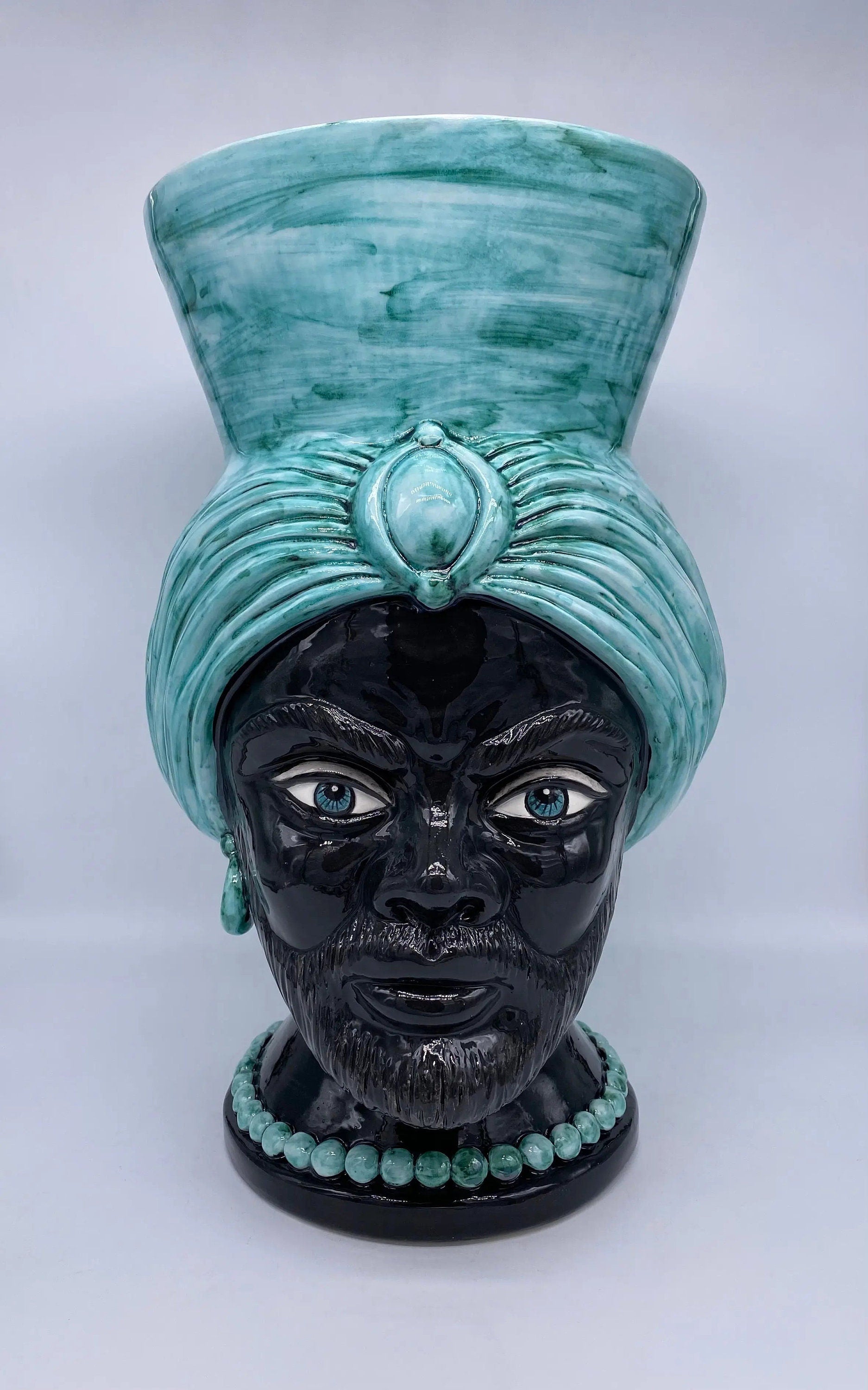 Teste di Moro Iris Ceramica Caltagirone cm H.40 L.23 Artigianale Verde Nero DD CERAMICHE SICILIANE