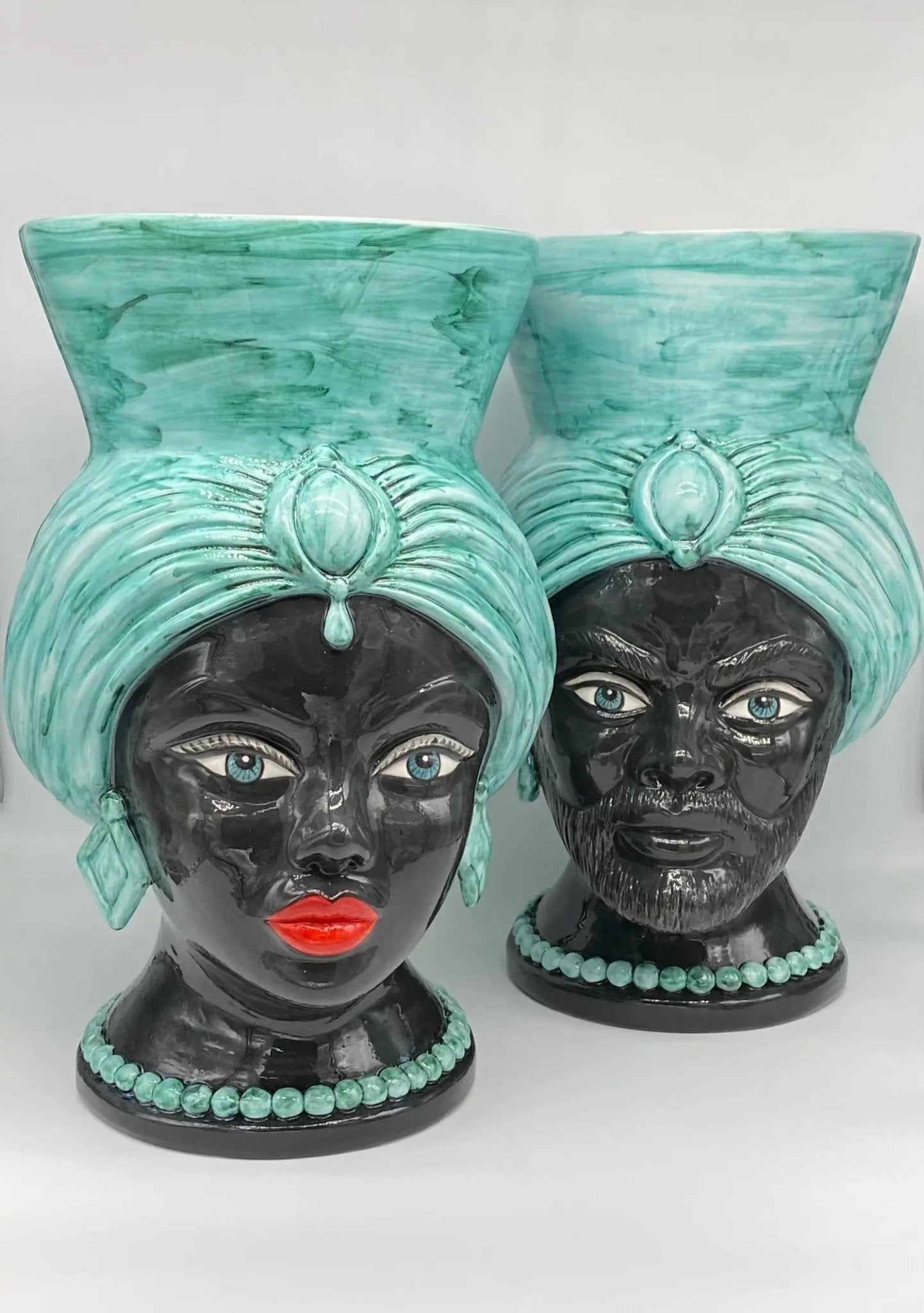 Teste di Moro Iris Ceramica Caltagirone cm H.40 L.23 Artigianale Verde Nero - DD CERAMICHE SICILIANE