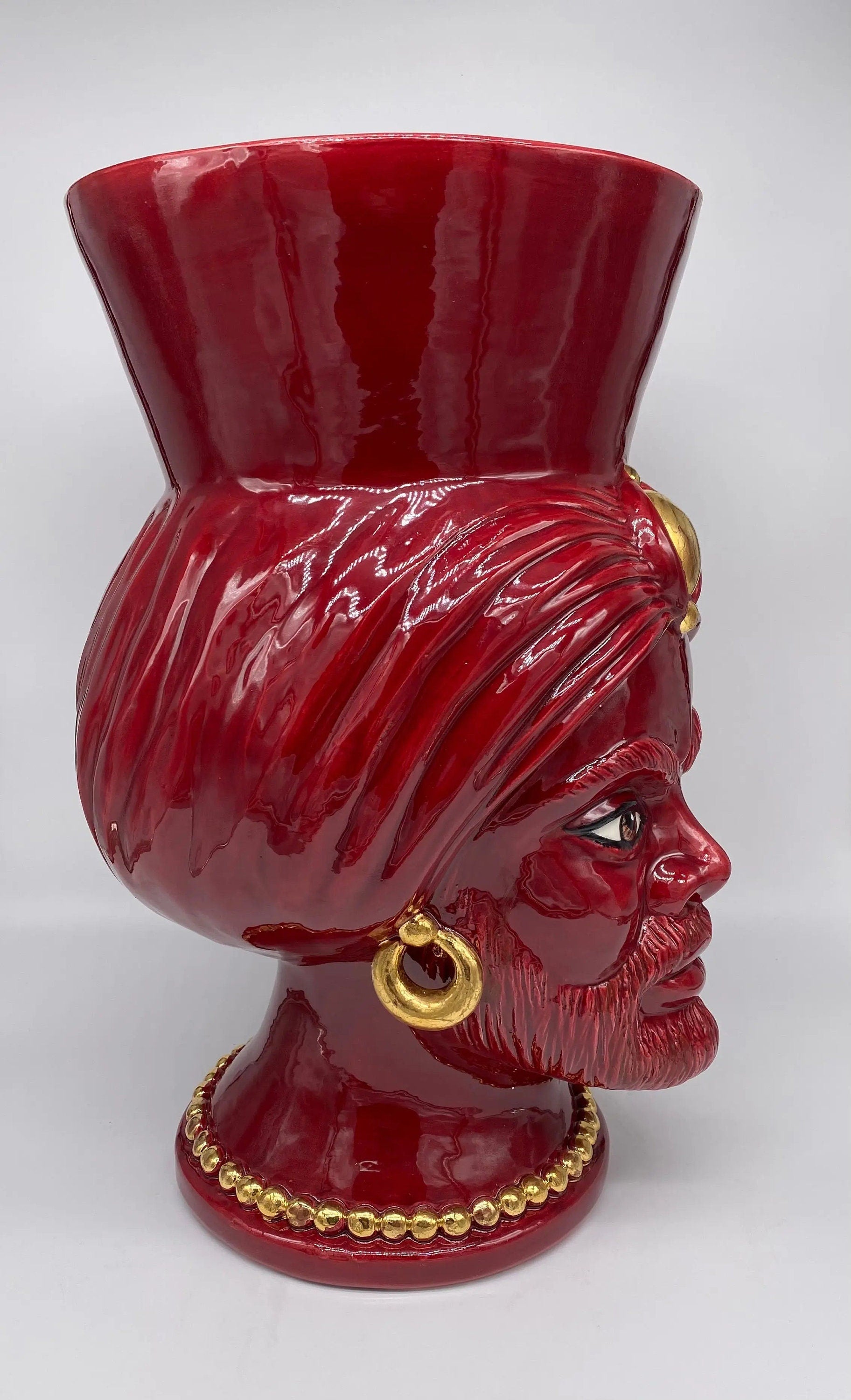 Teste di Moro Iris Ceramica Caltagirone cm H.40 L.23 Artigianale Bordeaux Oro Zecchino DD CERAMICHE SICILIANE