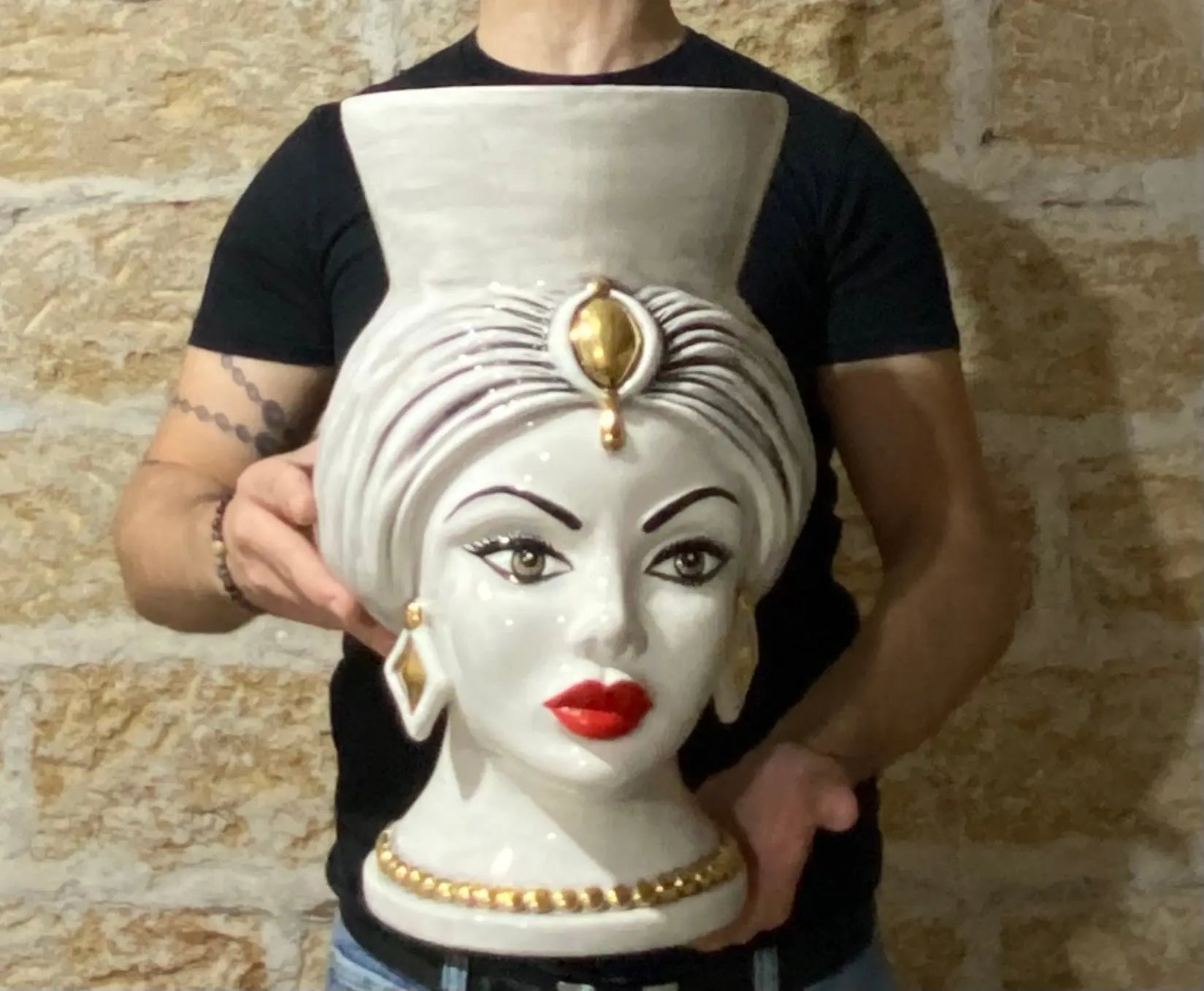 Teste di Moro Iris Ceramica Caltagirone cm H.40 L.23 Artigianale Ghiaccio Oro Zecchino - DD CERAMICHE SICILIANE
