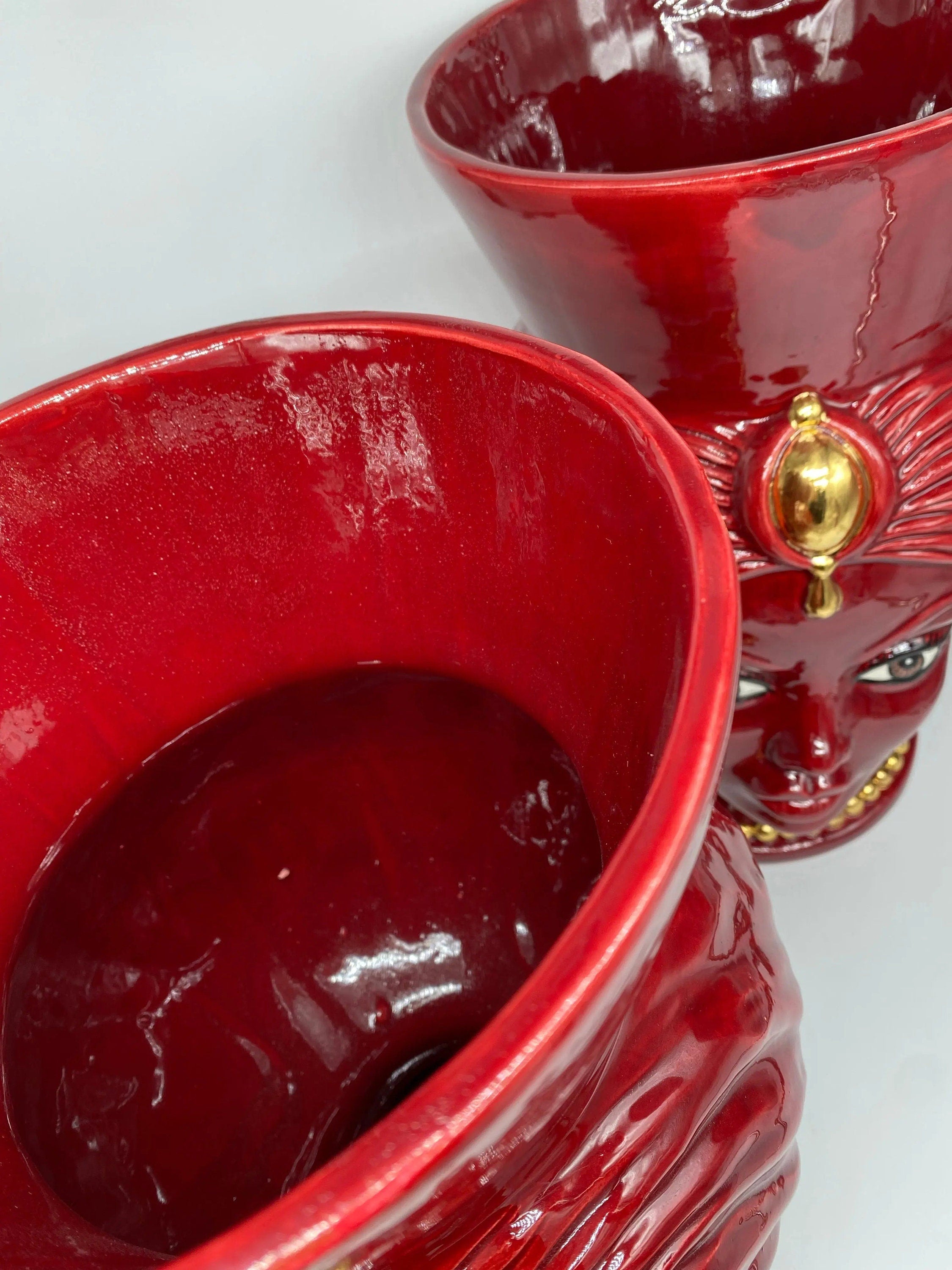 Teste di Moro Iris Ceramica Caltagirone cm H.40 L.23 Artigianale Bordeaux Oro Zecchino DD CERAMICHE SICILIANE