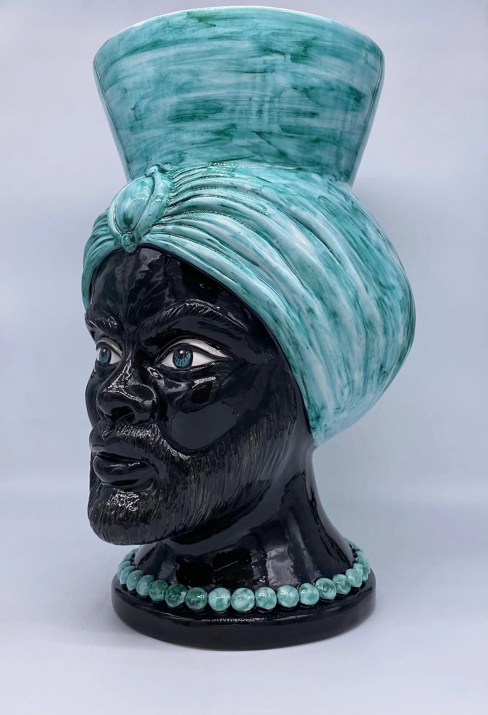 Teste di Moro Iris Ceramica Caltagirone cm H.40 L.23 Artigianale Verde Nero DD CERAMICHE SICILIANE