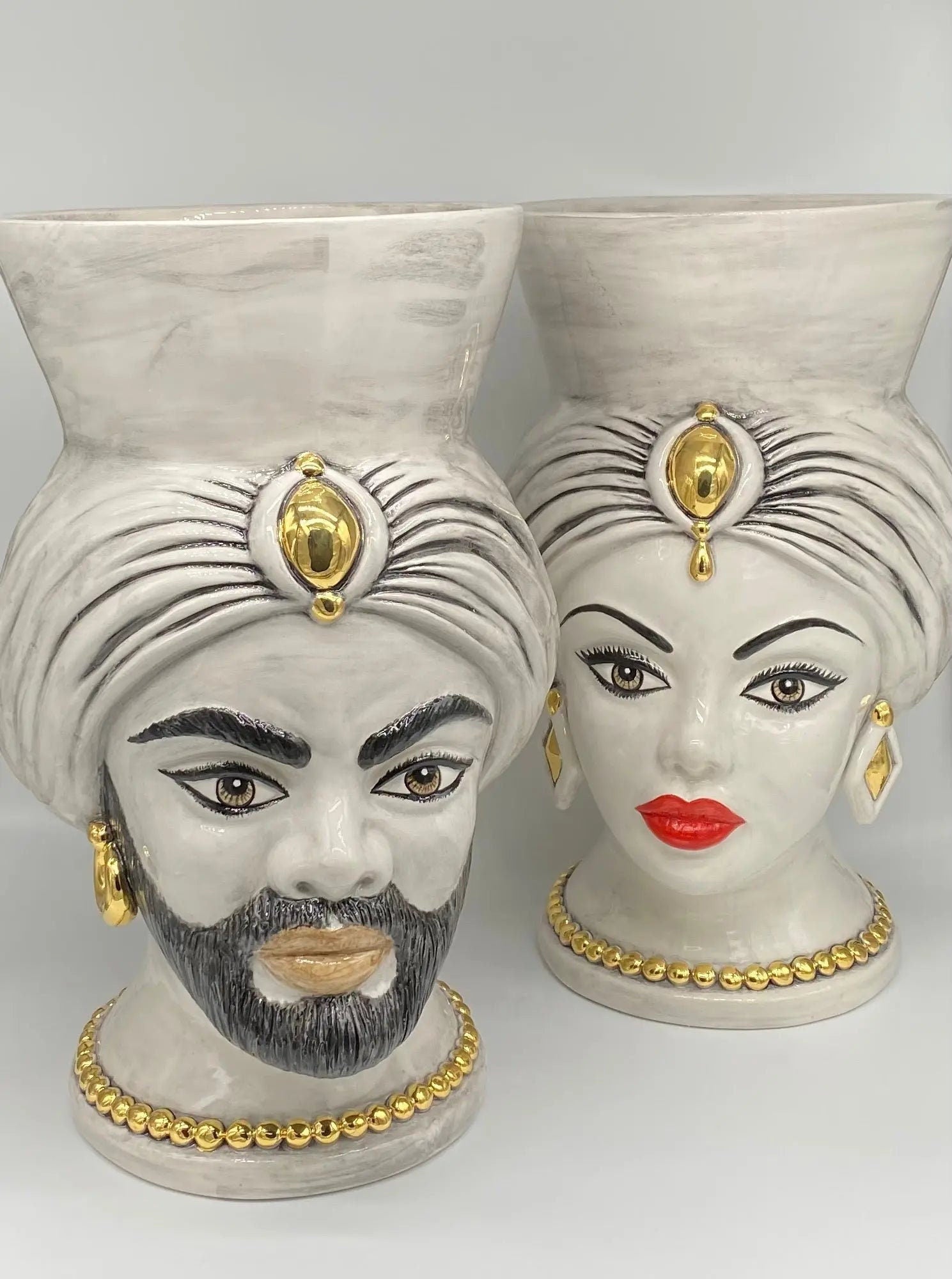 Teste di Moro Iris Ceramica Caltagirone cm H.40 L.23 Artigianale Ghiaccio Oro Zecchino DD CERAMICHE SICILIANE