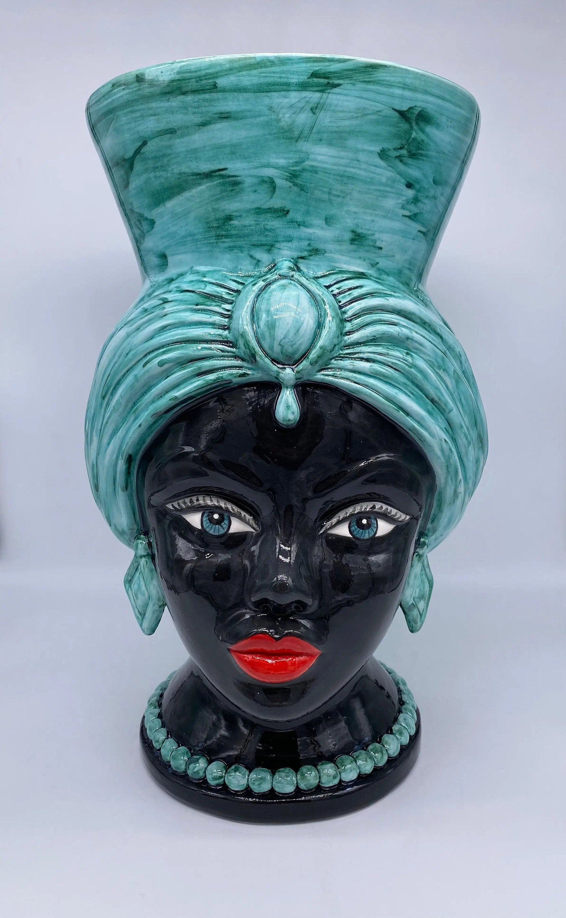 Teste di Moro Iris Ceramica Caltagirone cm H.40 L.23 Artigianale Verde Nero DD CERAMICHE SICILIANE