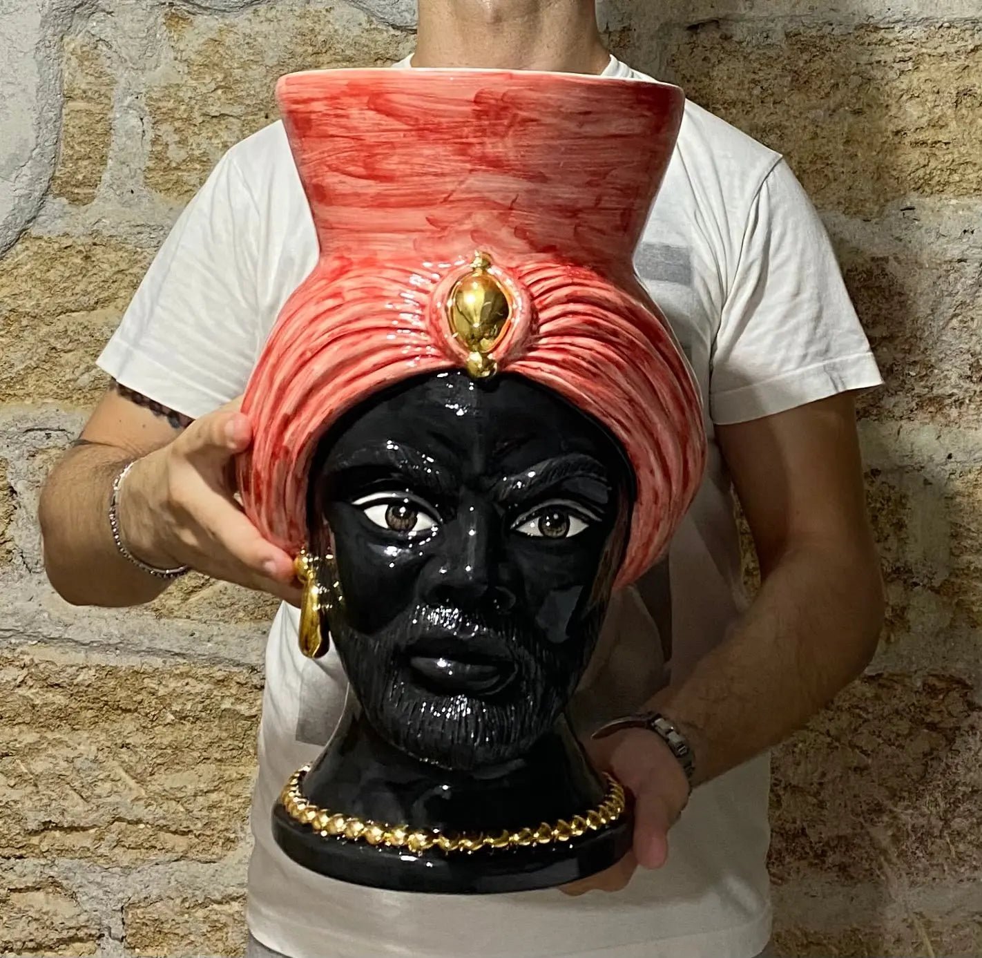 Teste di Moro Iris Ceramica Caltagirone cm H.40 L.23 Artigianale Rosso Oro Zecchino - DD CERAMICHE SICILIANE